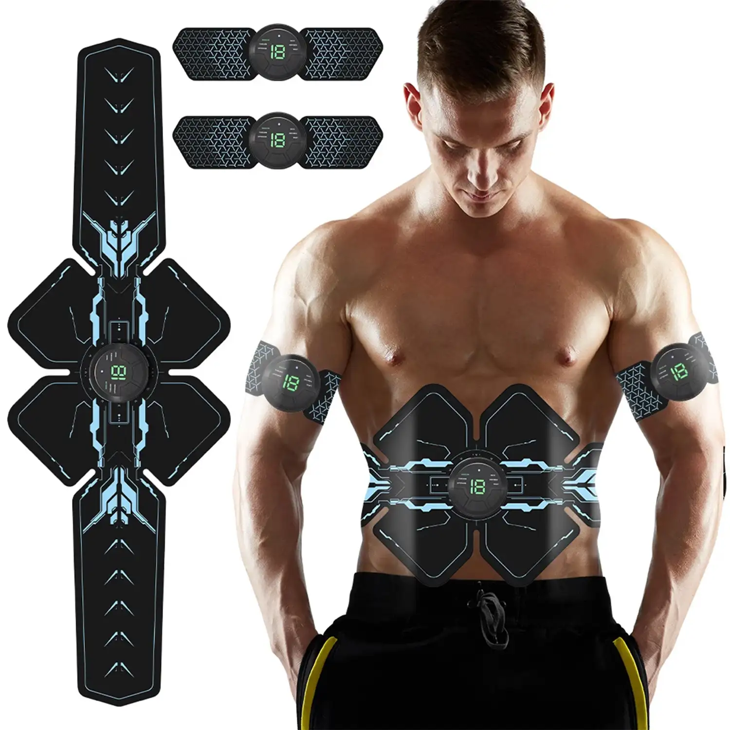 Masajeador electrónico abdominal EMS. Estimulador muscular inlámbrico.