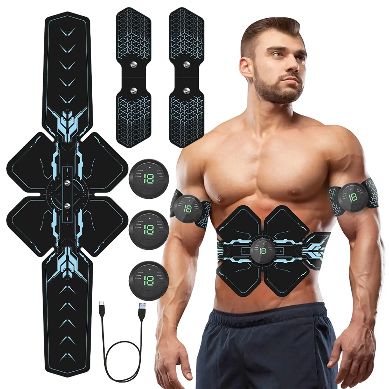 Masajeador electrónico abdominal EMS. Estimulador muscular inlámbrico.