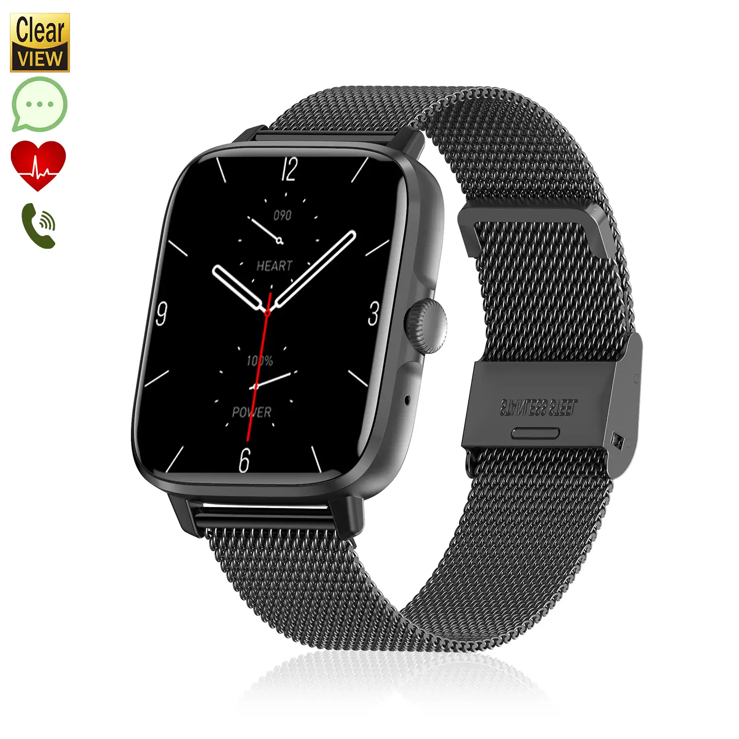 Smartwatch DT102 con pulsera de acero. Pantalla de alta resolución. Monitor cardiaco, ECG, modo multideporte. Notificaciones de APPs.