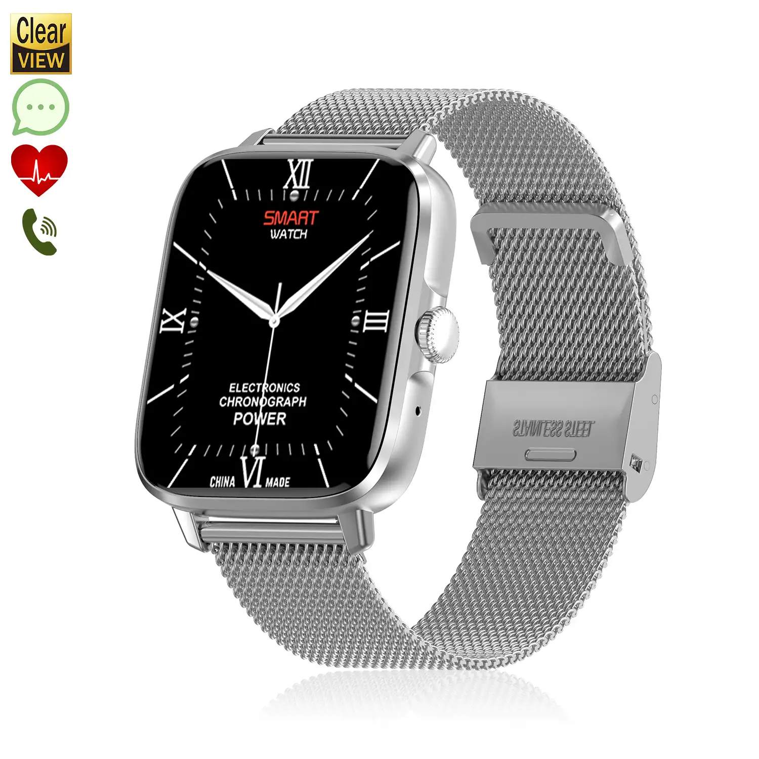 Smartwatch DT102 con pulsera de acero. Pantalla de alta resolución. Monitor cardiaco, ECG, modo multideporte. Notificaciones de APPs.