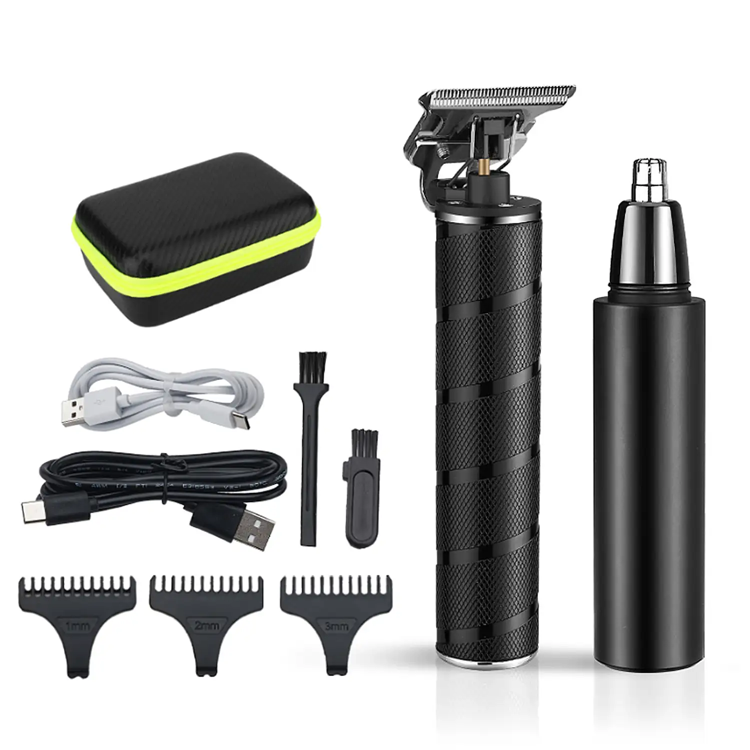 Kit 2 en 1 con recortador perfilador para pelo y barba + afeitadora de pelo para nariz. Con juego de accesorios. Batería recargable.