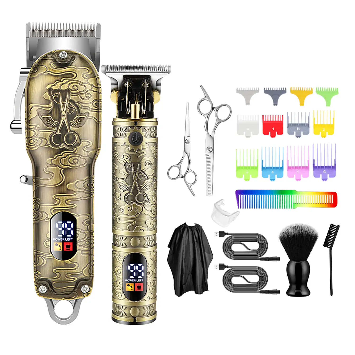 Kit 2 en 1 con recortador + perfilador de pelo y barba JM-2028. Diseño vintage completamente metálico. Juego de 8 peines, 4 peines perfiladores y juego de accesorios. Batería recargable.