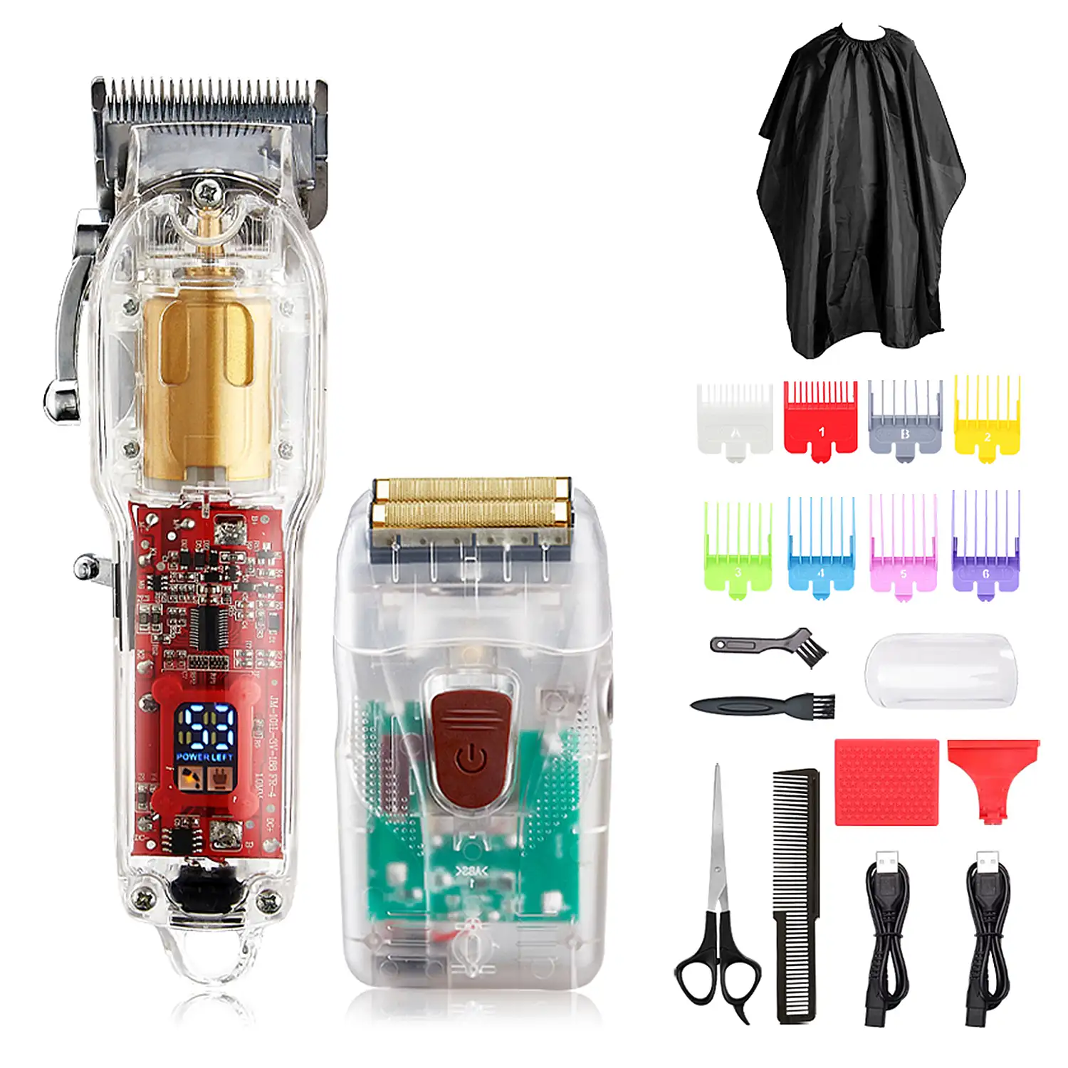 Kit 2 en 1 con recortador de pelo y máquina de afeitar JM-100AT. Juego de 8 peines y juego de accesorios. Batería recargable.