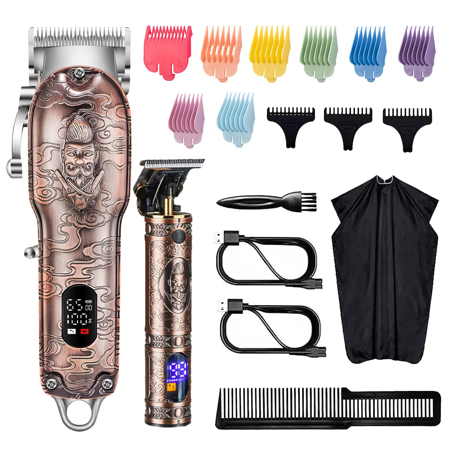 Kit 2 en 1 con recortador + perfilador de pelo y barba JM-2022. Juego de 8 peines y juego de accesorios. Batería recargable.