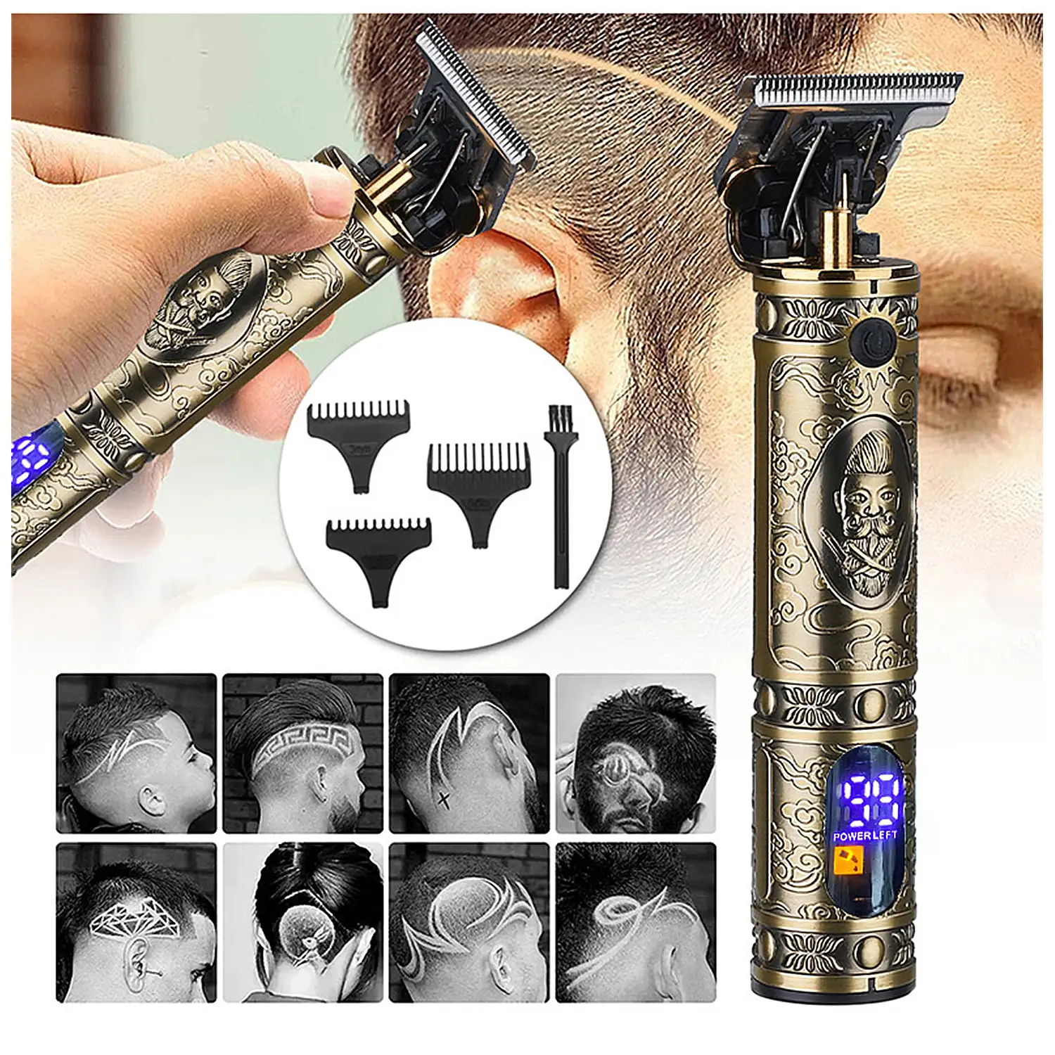 Kit 2 en 1 con recortador + perfilador de pelo y barba JM-2022. Juego de 8 peines y juego de accesorios. Batería recargable.