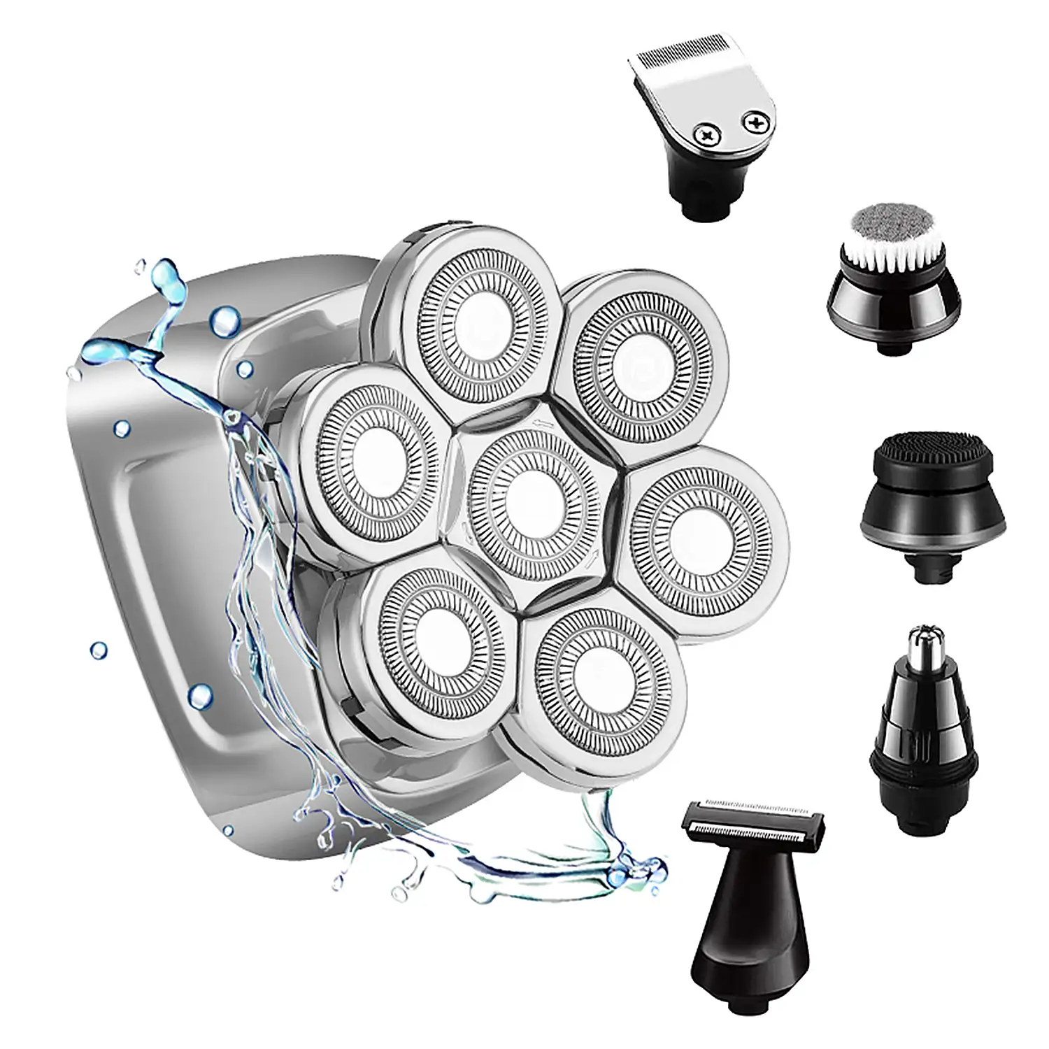 Máquina de afeitar 5 en 1 con cabezal 7D. Incluye cabezal de recorte, para nariz, de masaje, cepillo y de rasurado. Base de carga  y batería recargable.