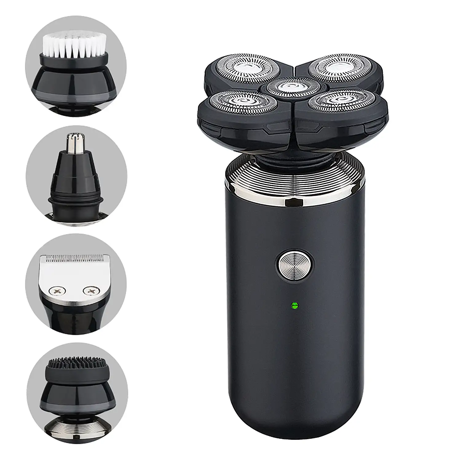 Máquina de afeitar 5D multifunción 5 en 1. Incluye cabezal de recorte, para nariz, de masaje, cepillo y de rasurado. Batería recargable.