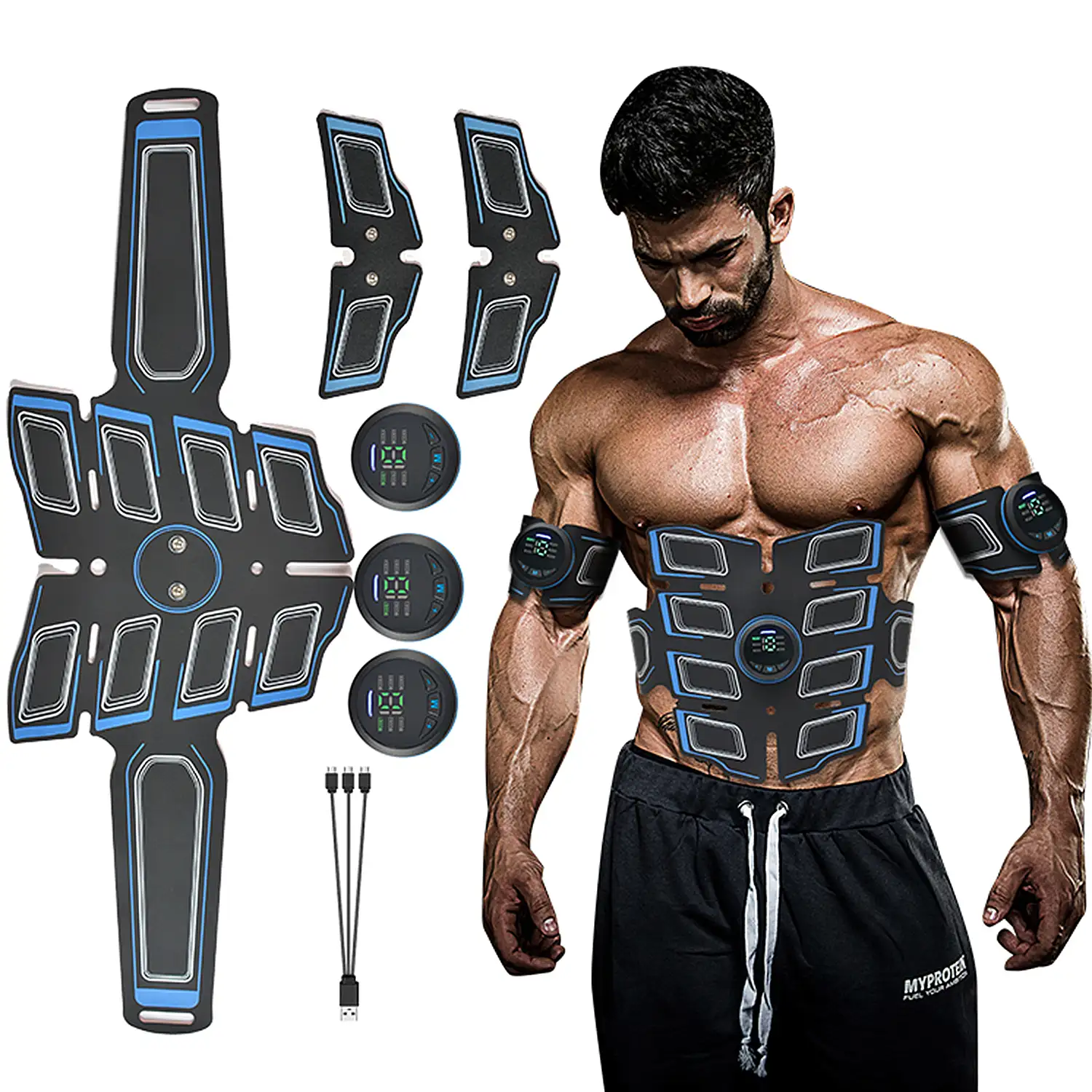 Cinturon electroestimulador muscular y de masaje EMS inteligente. Masajeador estimulador para abdominales brazos piernas. Bateria recargable