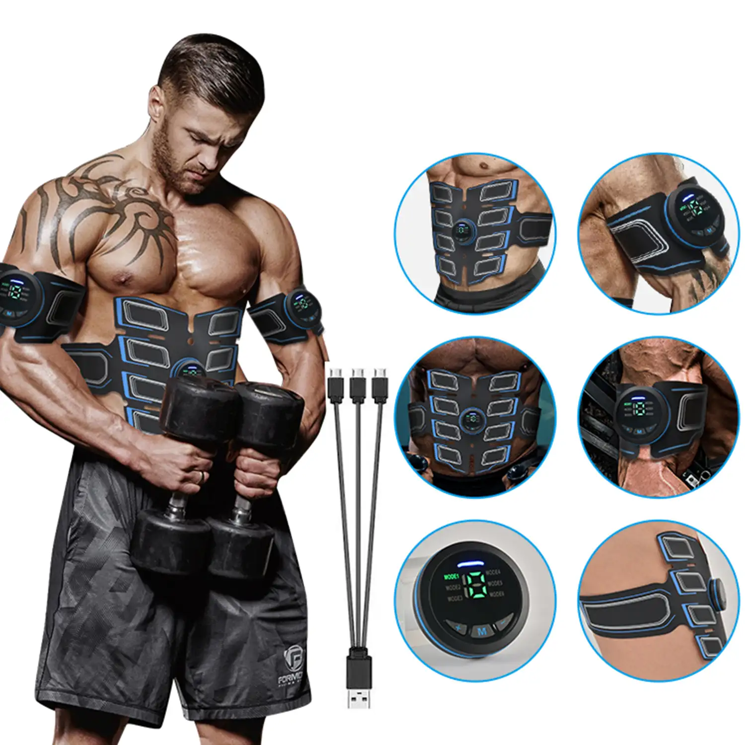 Cinturón electroestimulador muscular y de masaje EMS inteligente. Masajeador estimulador para abdominales, brazos/piernas. Batería recargable.