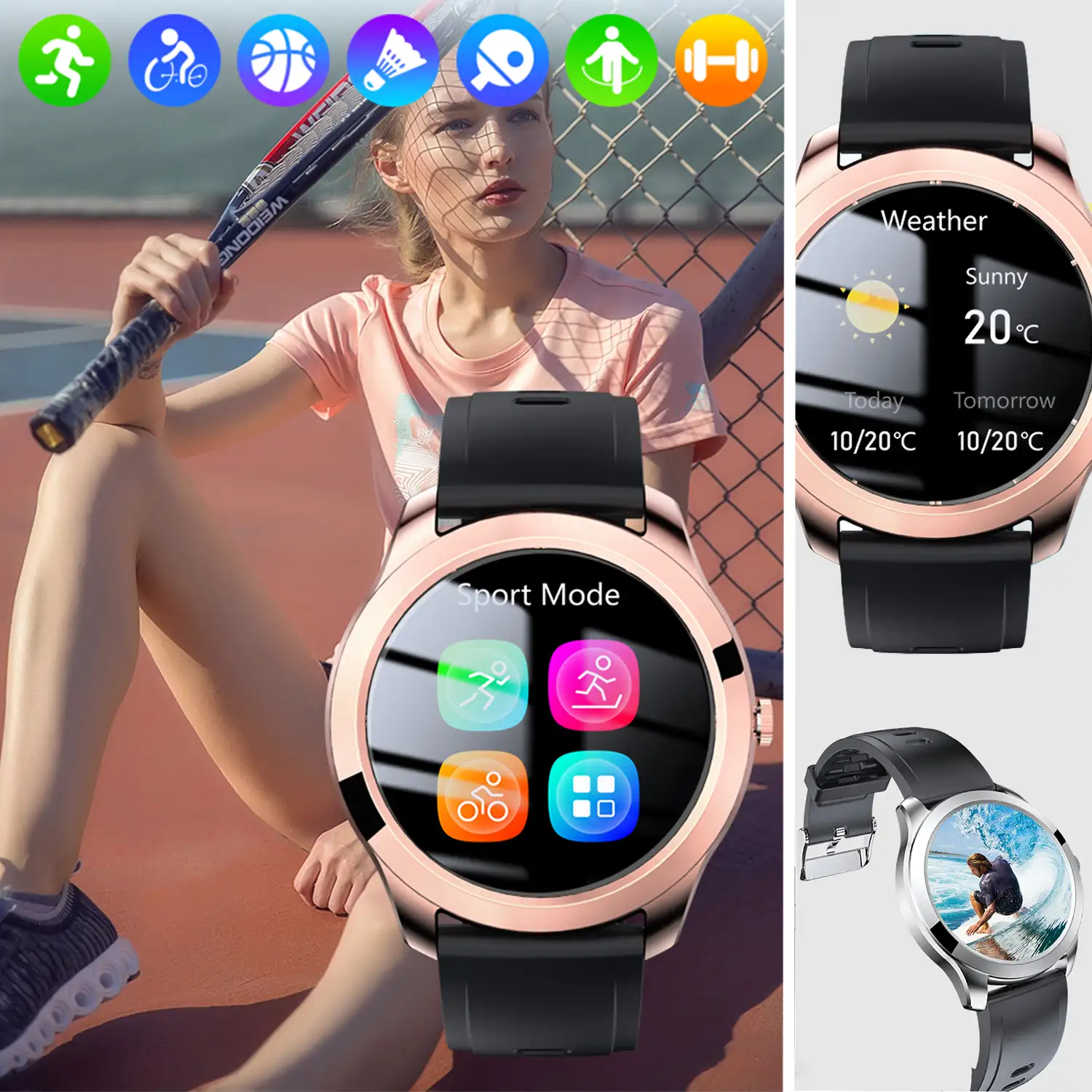 Smartwatch M28 con termómetro corporal, monitor de O2 en sangre y tensión. Modos deportivos. Correa de cuero.