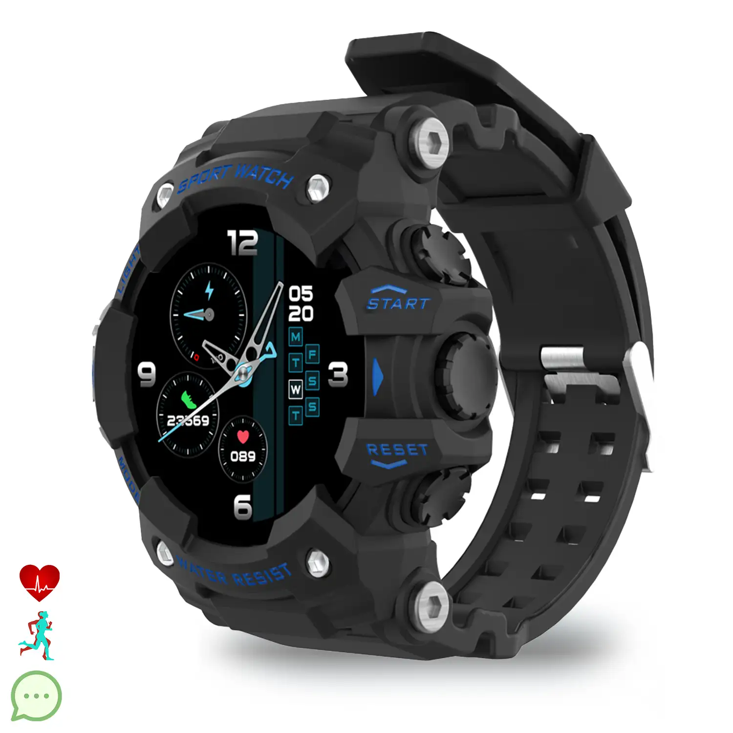 Smartwatch LC11 estilo digital clásico. Con notificaciones, monitor cardiaco, de tensión y O2 en sangre, varios modos deportivos.