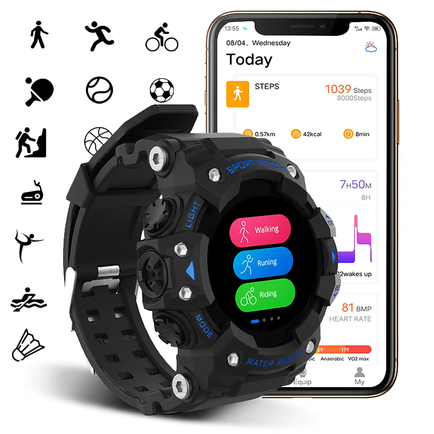Smartwatch LC11 estilo digital clásico. Con notificaciones, monitor cardiaco, de tensión y O2 en sangre, varios modos deportivos.