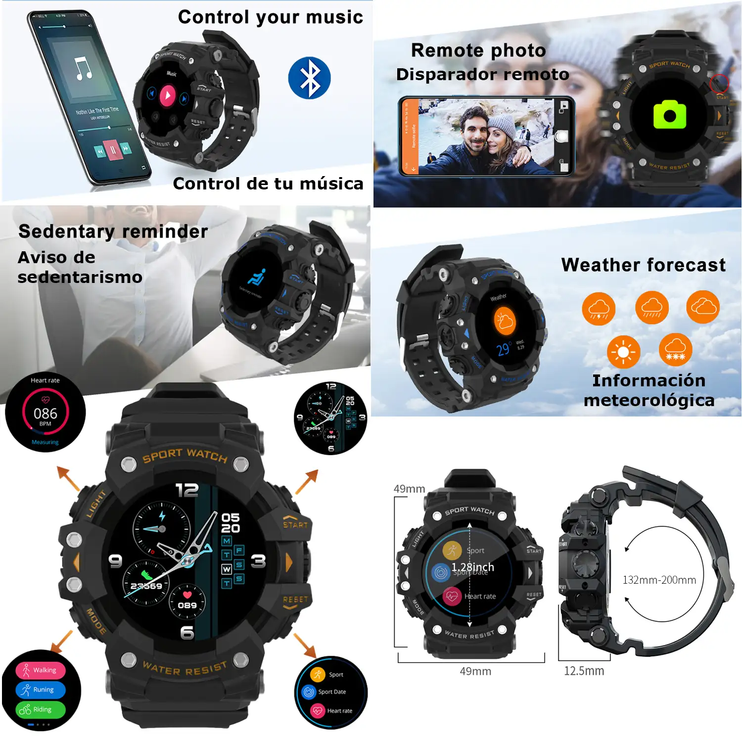 Smartwatch LC11 estilo digital clásico. Con notificaciones, monitor cardiaco, de tensión y O2 en sangre, varios modos deportivos.