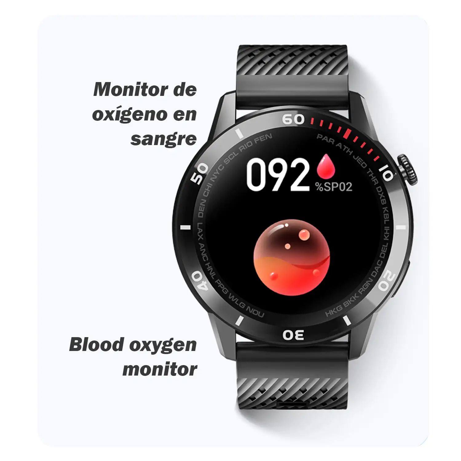 Smartwatch V93 con notificaciones en pantalla. Monitor cardiaco automático, de tensión y oxígeno en sangre.