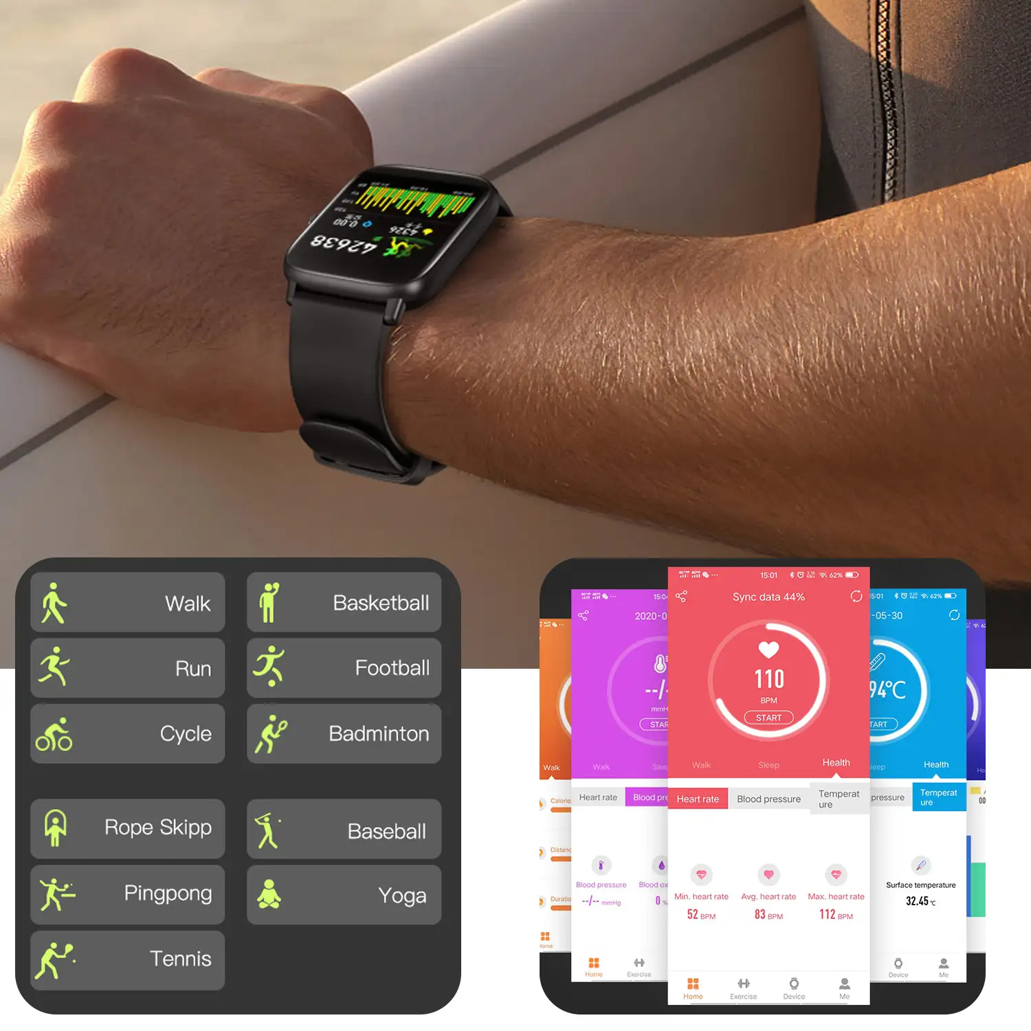 Smartwatch T58 con termómetro corporal. Monitor cardiaco, de tensión y oxígeno en sangre. Modos deportivos.
