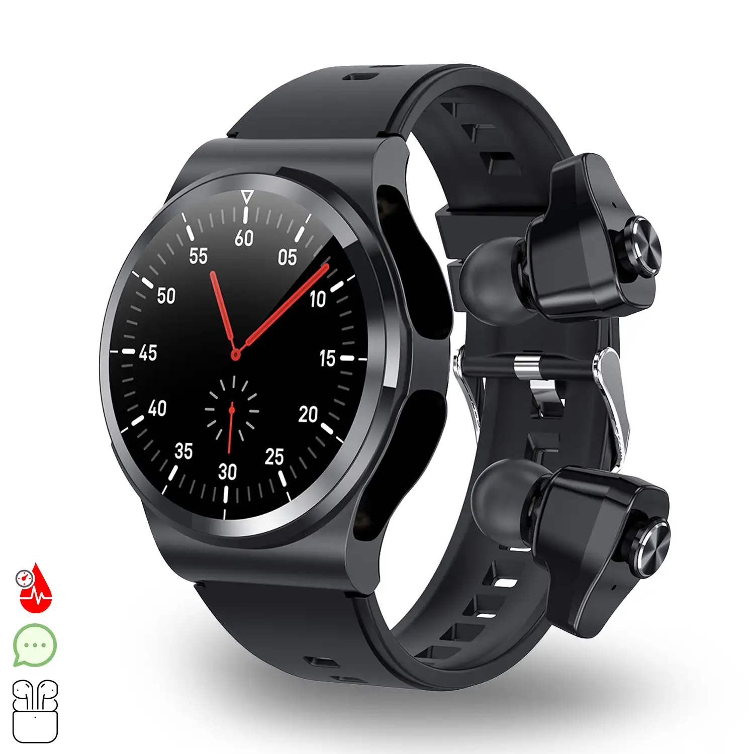 Smartwatch GT69 con auriculares Bluetooth 5.0 TWS integrados. Monitor de tensión y oxígeno en sangre; modo multideportivo.