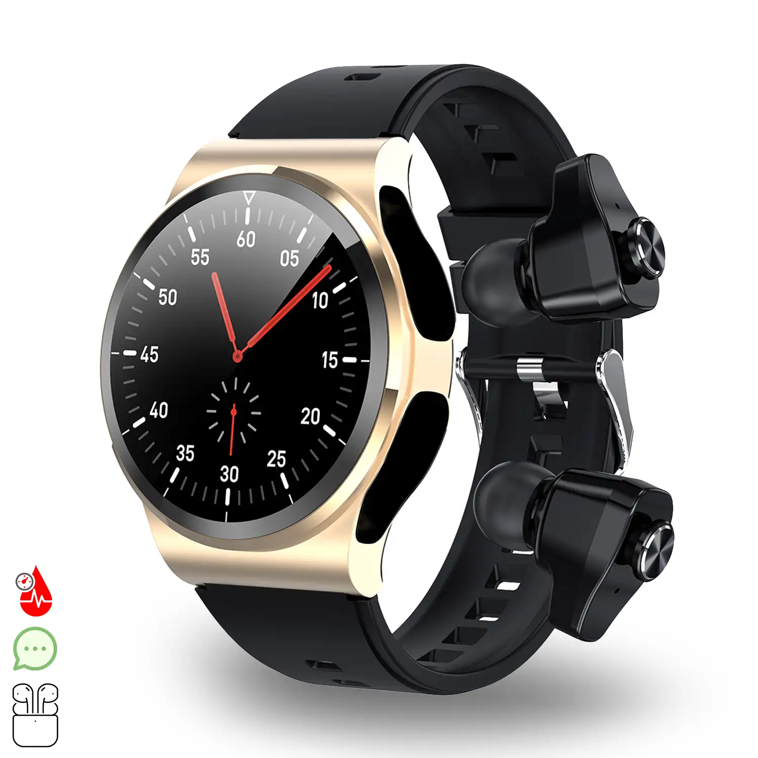 Smartwatch GT69 con auriculares Bluetooth 5.0 TWS integrados. Monitor de tensión y oxígeno en sangre; modo multideportivo.