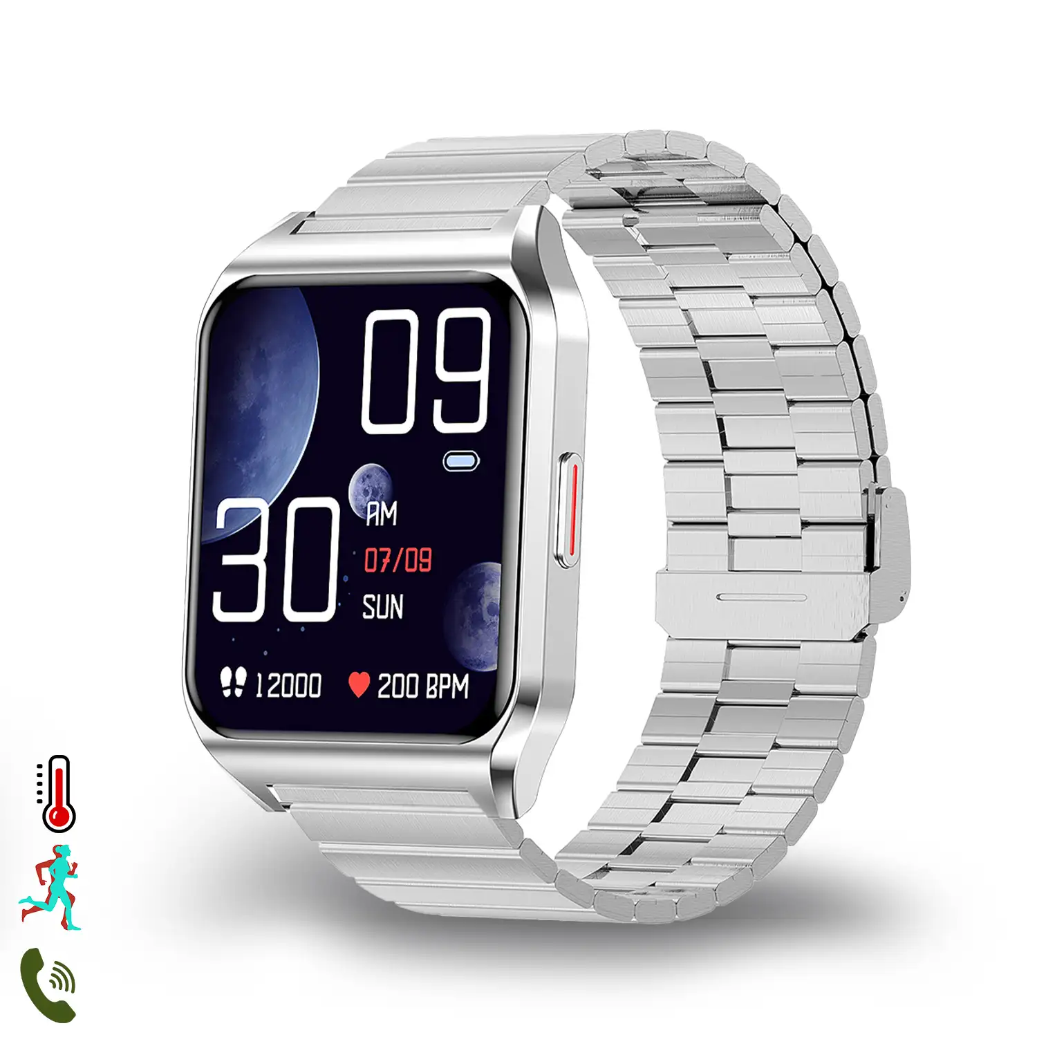 Smartwatch H60 con notificaciones de aplicaciones, 7 modos deportivos. Monitor de salud con termómetro. Correa de metal.