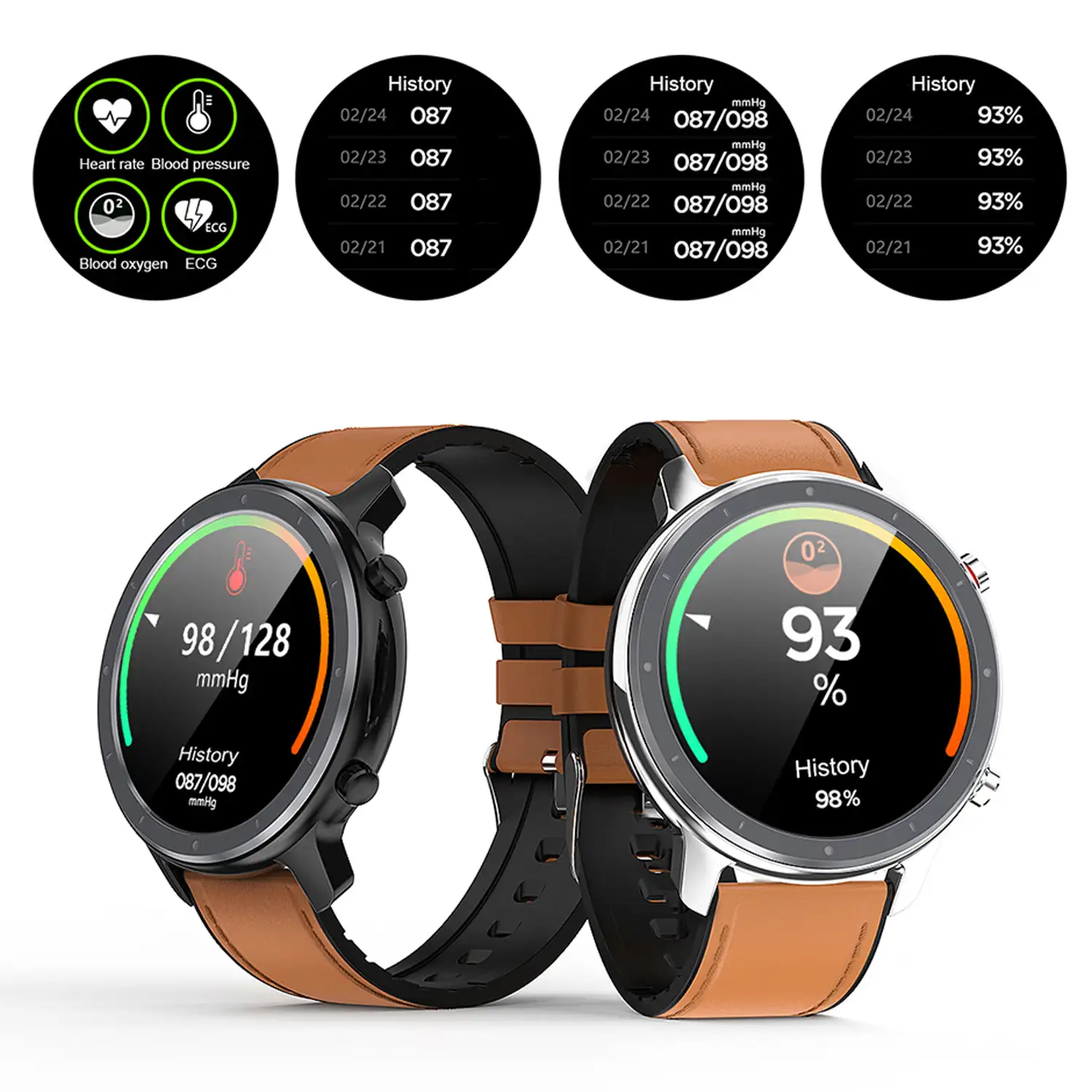 Smartwatch L11 con ECG, monitor de tensión y O2 en sangre. Modos deportivos. Notificaciones de aplicaciones. Correa de cuero.