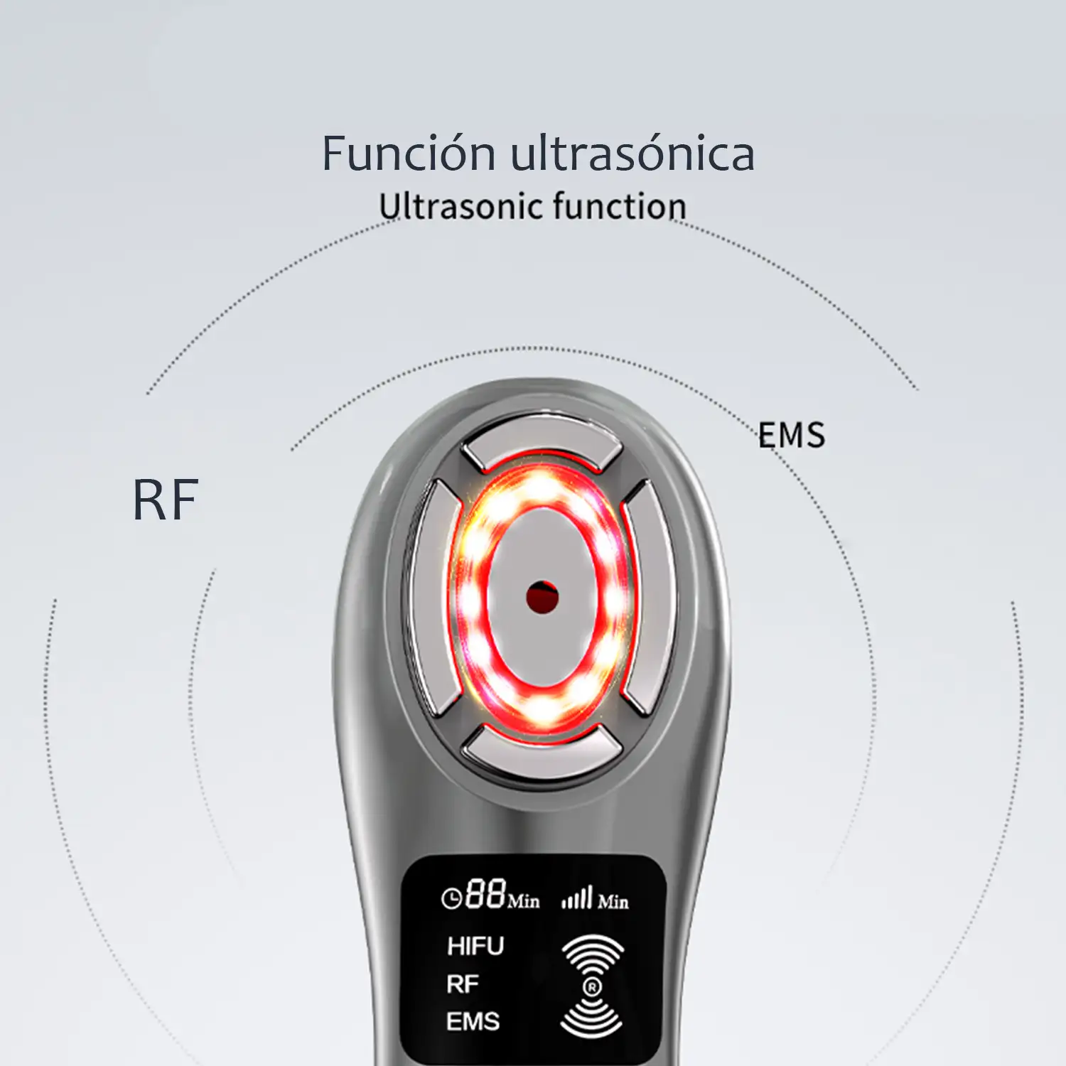 Cuidado de la piel 3 en 1. Instrumento de belleza ultrasónico, EMS y radiofrecuencia.