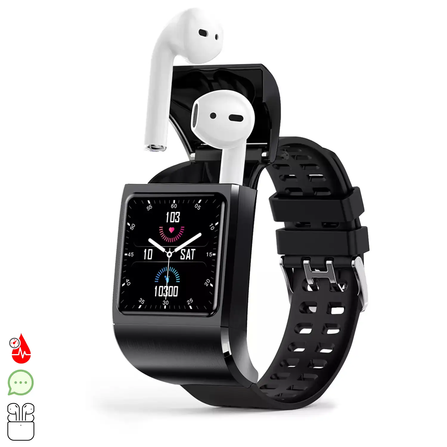 Smartwatch G36 Pro con auriculares Bluetooth 5.0 TWS integrados. Monitor de tensión y oxígeno en sangre; modo multideportivo.