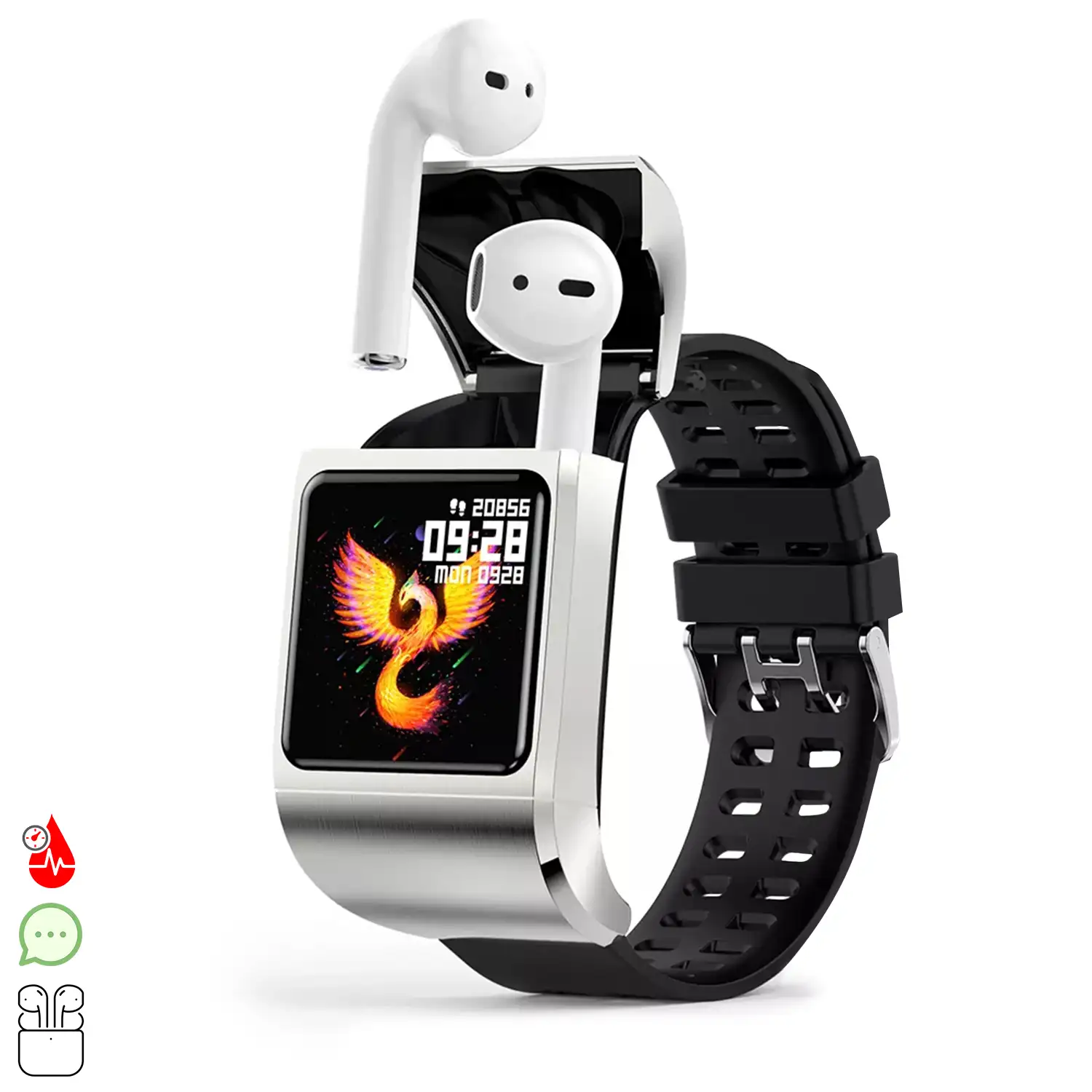 Smartwatch G36 Pro con auriculares Bluetooth 5.0 TWS integrados. Monitor de tensión y oxígeno en sangre; modo multideportivo.