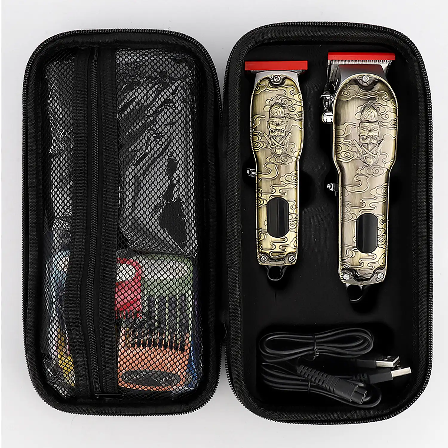 Kit 2 en 1 con recortador + perfilador de pelo y barba LM-2025. Diseño vintage completamente metálico. Juego de 8 peines, 4 peines perfiladores y juego de accesorios. Batería recargable.