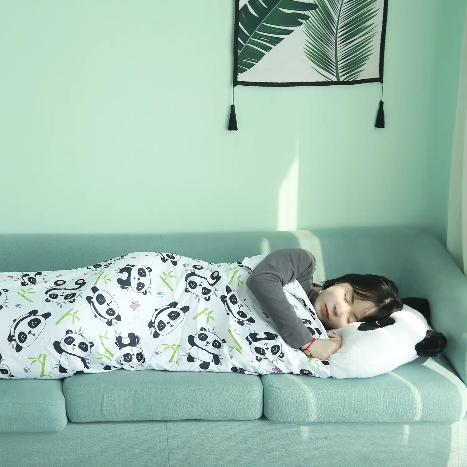Saco de dormir convertible en almohada, para niños, Osito Panda. Tacto peluche. Pequeño / S: 135x50cm.