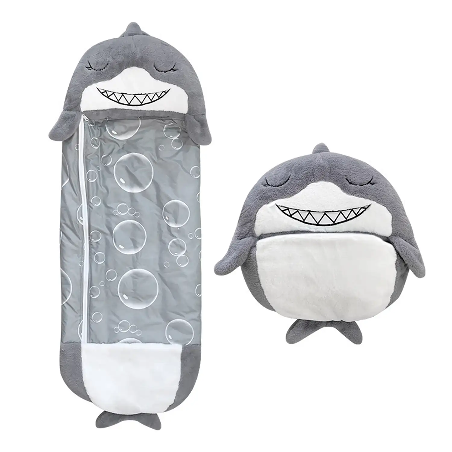 Saco de dormir convertible en almohada, para niños, Tiburón. Tacto peluche. Pequeño / S: 135x50cm.