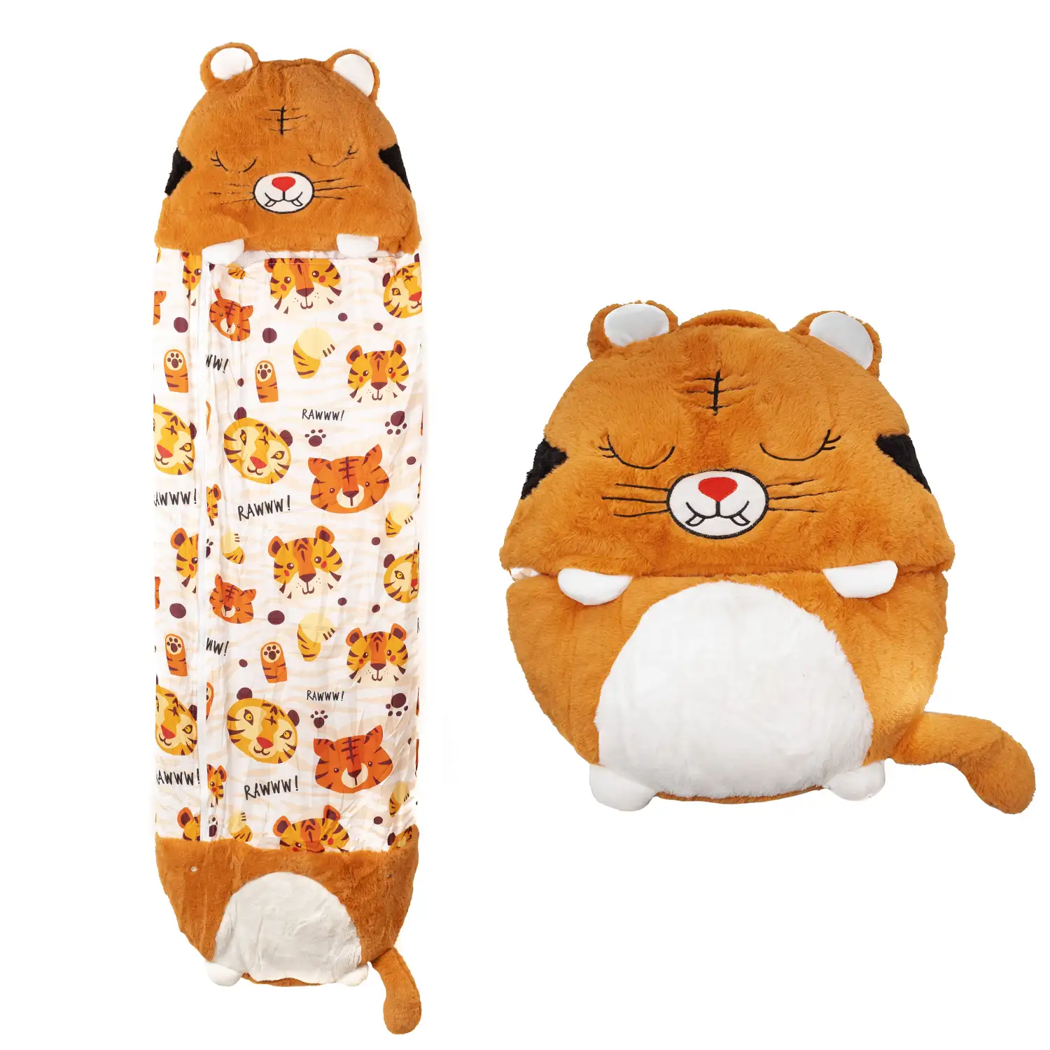 Saco de dormir convertible en almohada, para niños, Tigre. Tacto peluche.  Grande /L: 170x70cm.