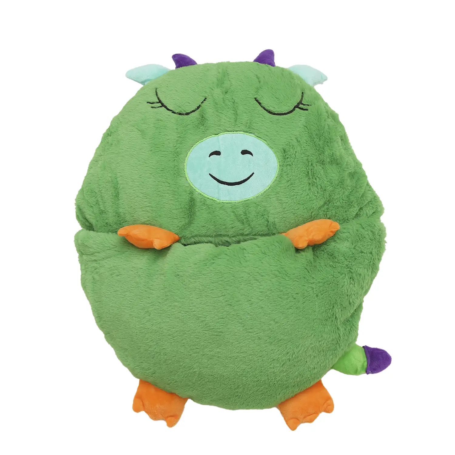 Saco de dormir convertible en almohada, para niños, Dragón verde. Tacto peluche. Grande /L: 170x70cm.