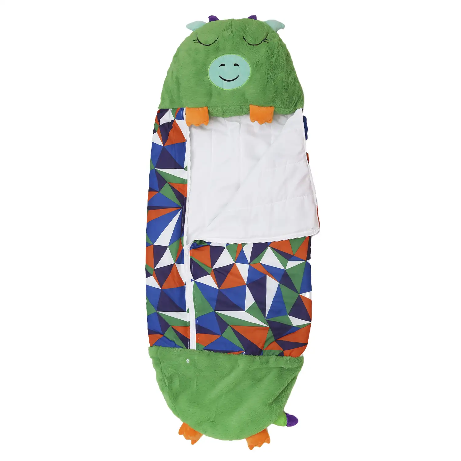 Saco de dormir convertible en almohada, para niños, Dragón verde. Tacto peluche. Mediano / M: 160x60cm.