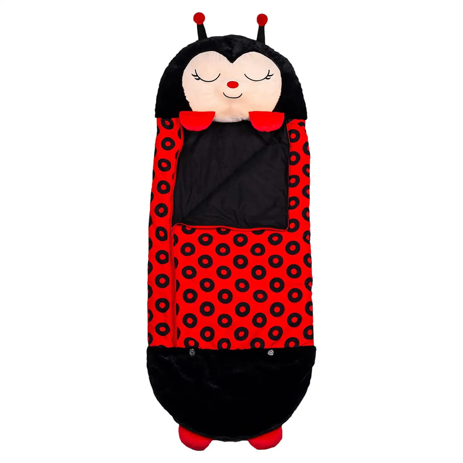 Saco de dormir convertible en almohada, para niños, Mariquita. Tacto peluche. Grande /L: 170x70cm.