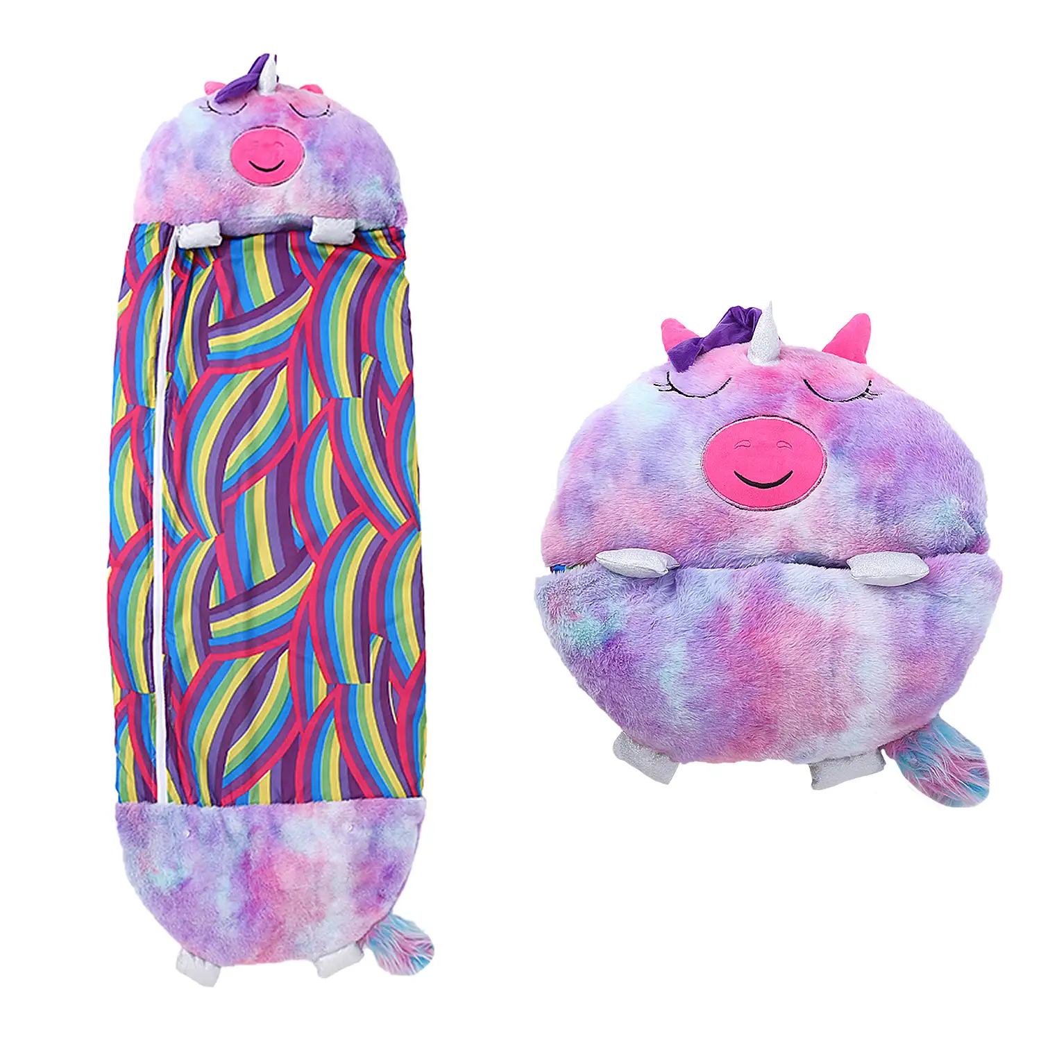 Saco de dormir convertible en almohada, para niños, Unicornio Multicolor Violeta. Tacto peluche. Grande /L: 170x70cm.