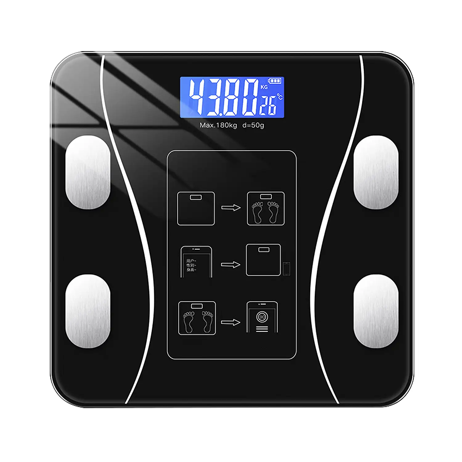 Báscula digital bluetooth con aplicación de control. Display LCD y termómetro. Batería recargable.