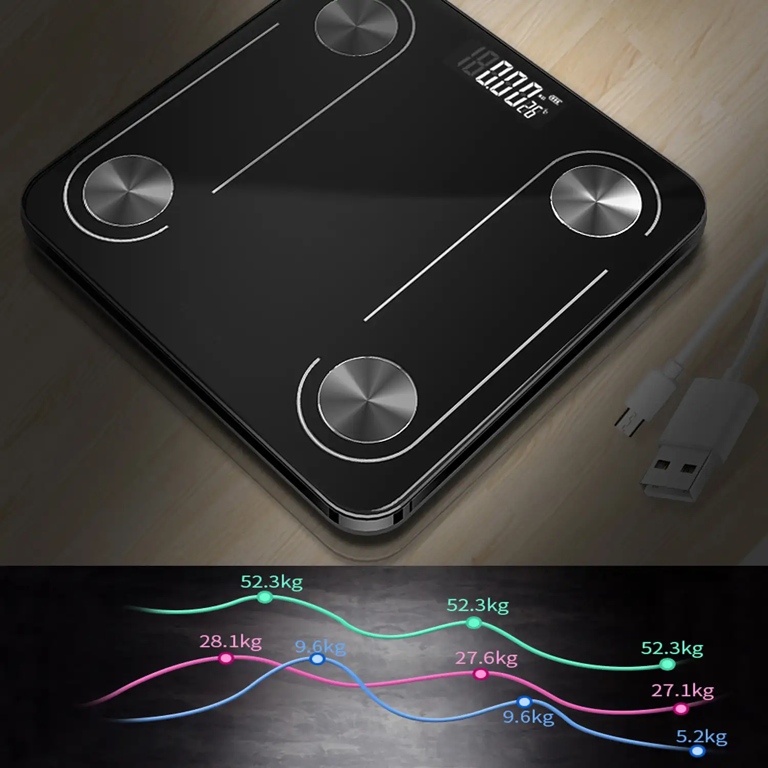 Báscula digital bluetooth con aplicación de control. Display LCD y termómetro. Batería recargable.