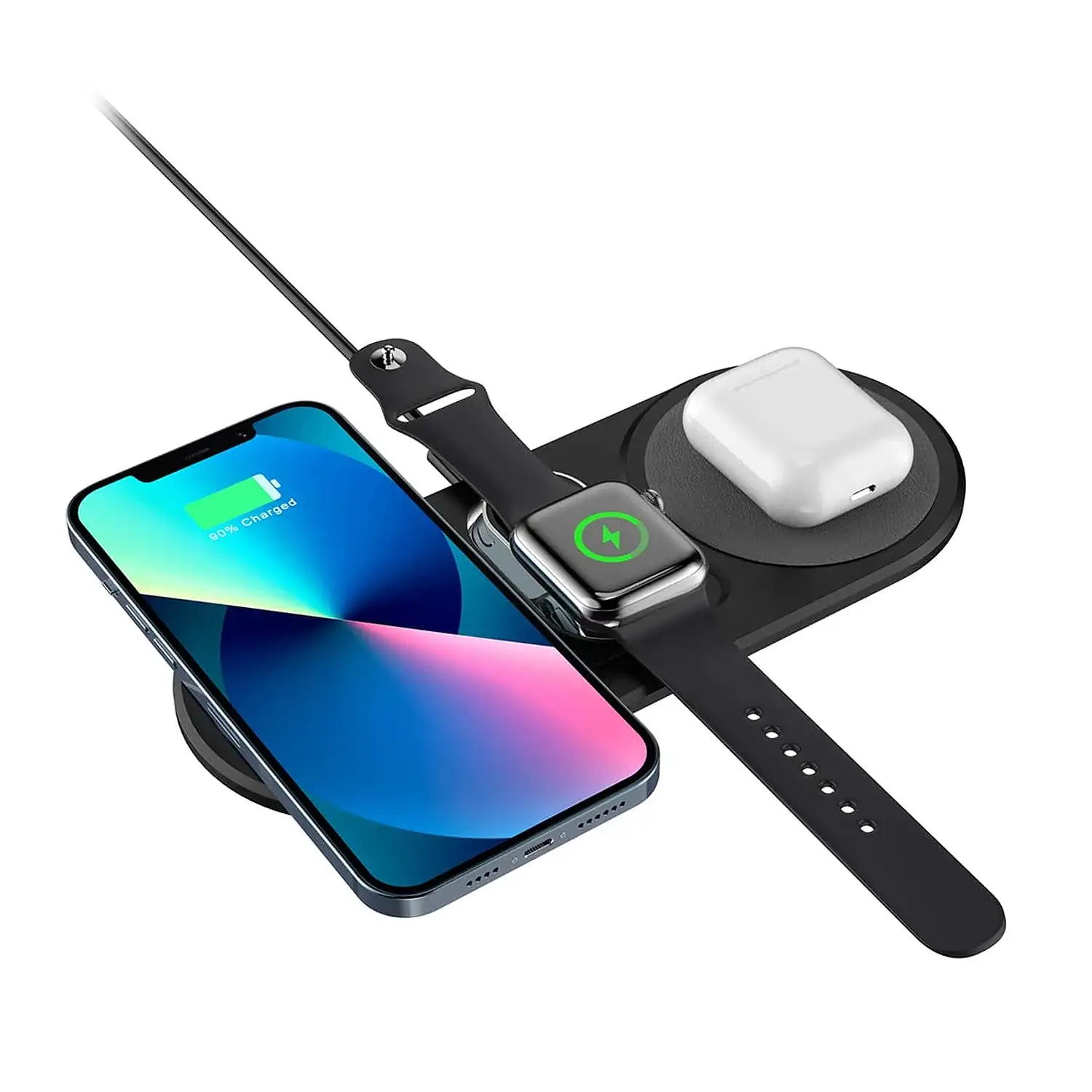 Cargador inalámbrico Qi compatible con carga rápida Fast Charge, 15W. Para 2 smartphones simultaneos y Apple Watch.