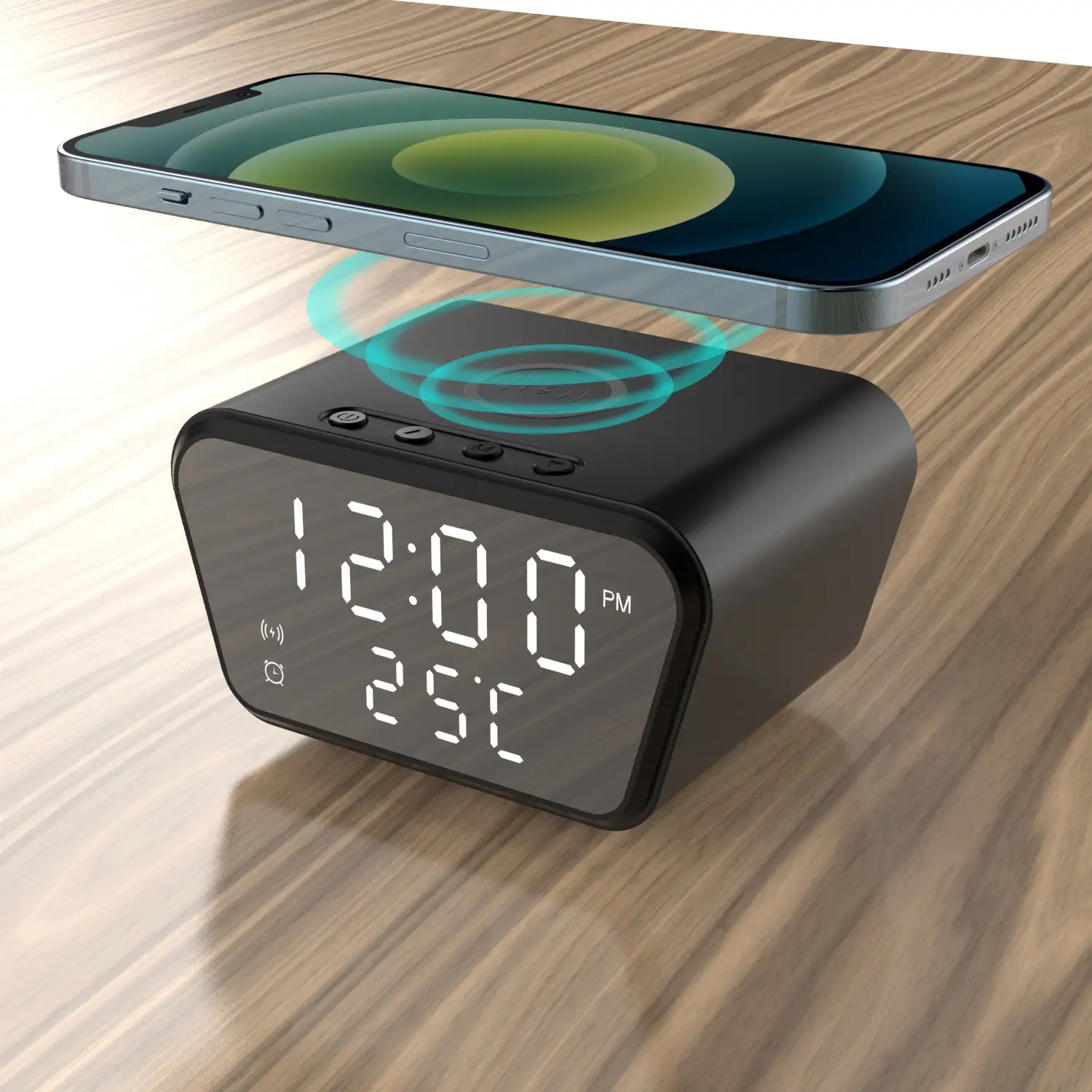 Despertador digital con cargador Qi incorporado 15W. Con fecha