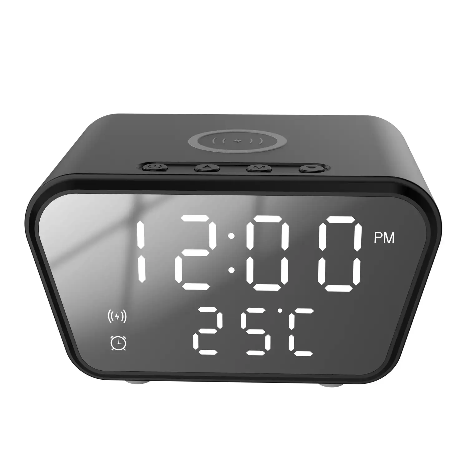 Despertador digital con cargador Qi incorporado 15W. Con fecha, hora, temperatura.