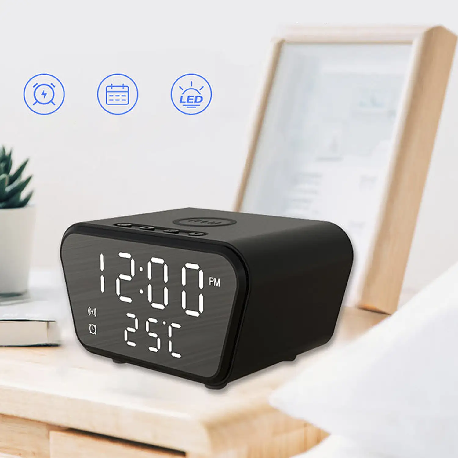 Despertador digital con cargador Qi incorporado 15W. Con fecha, hora, temperatura.