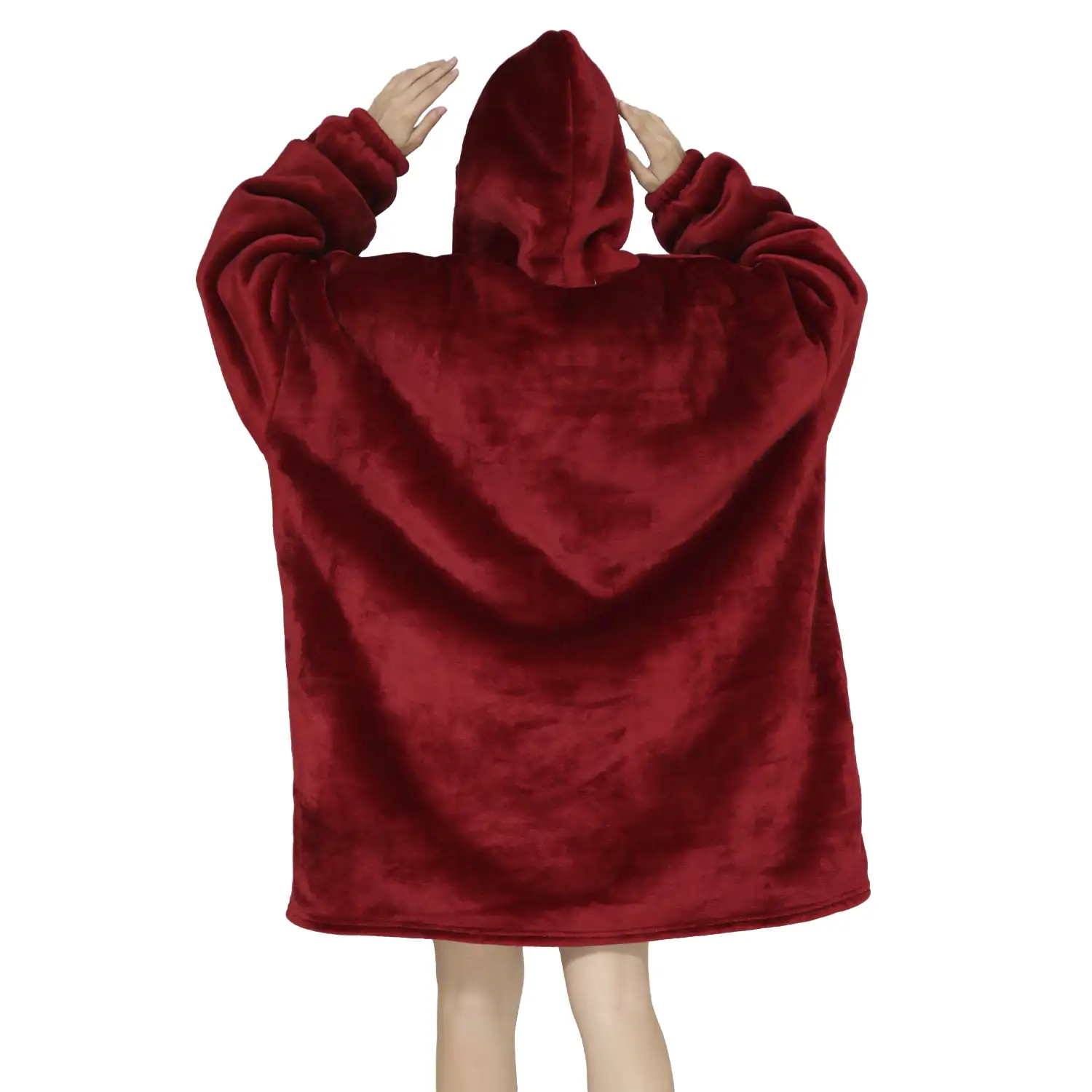 Bata estilo sudadera y manta de felpa extrasuave. Bolsillo frontal tipo canguro. Diseño Rojo