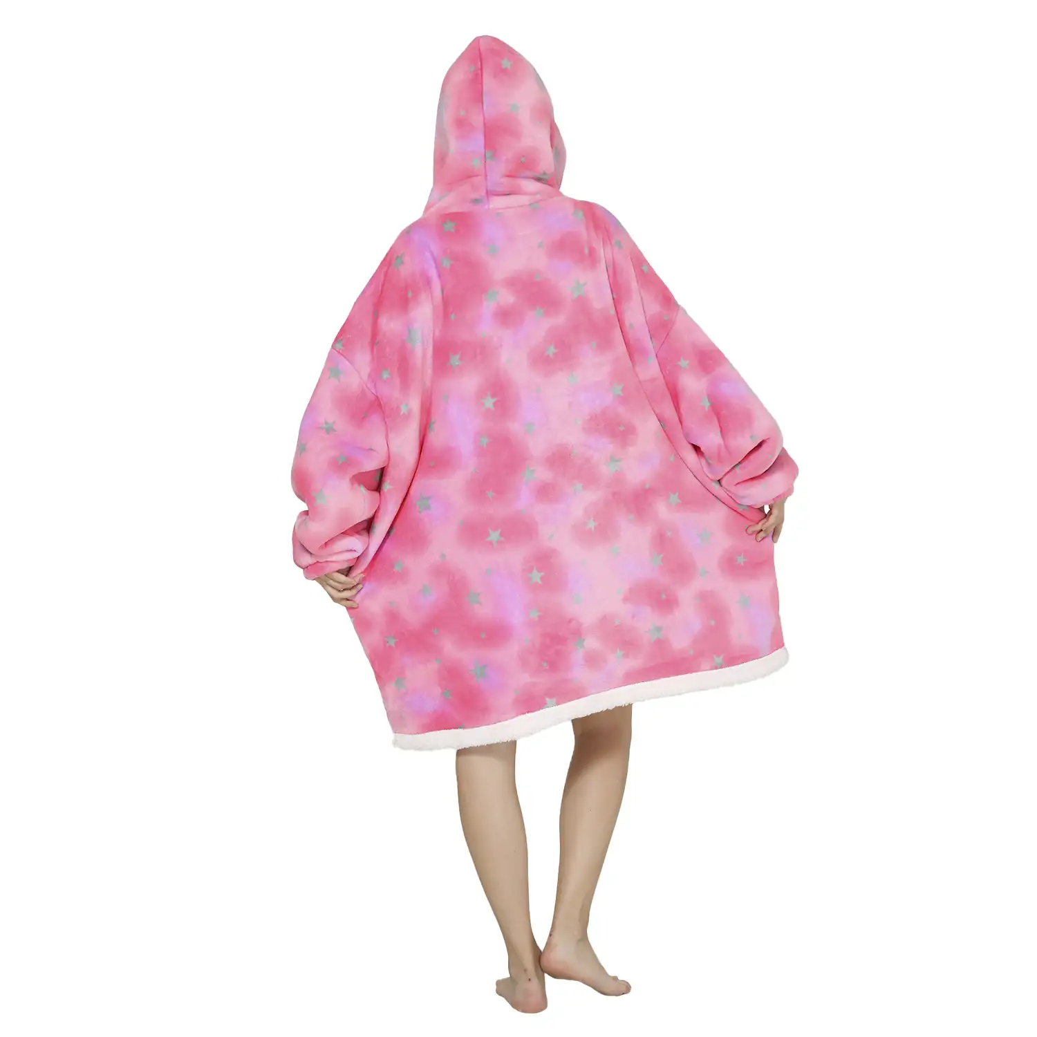 Bata estilo sudadera y manta de felpa extrasuave. Bolsillo frontal tipo canguro. Diseño Rosa con Estrellas