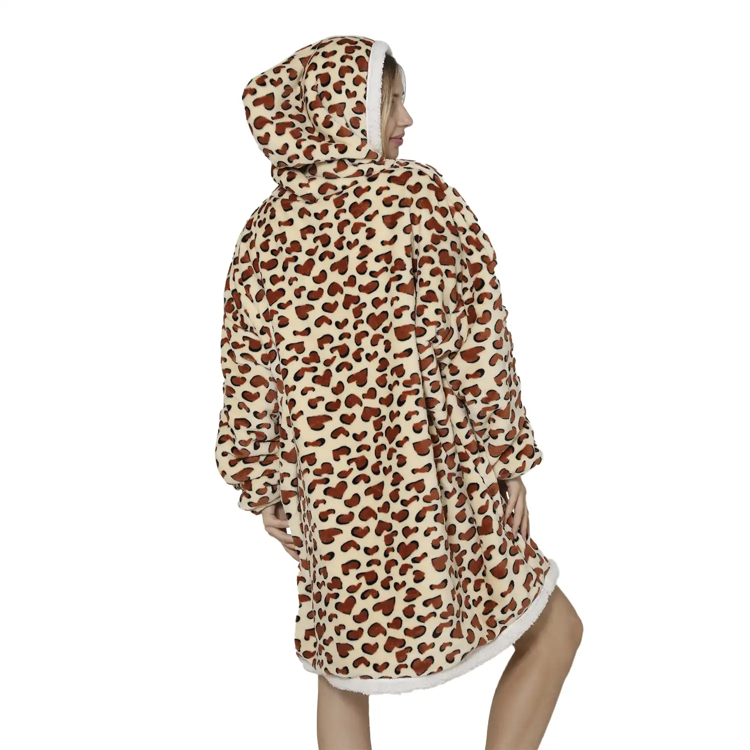 Bata estilo sudadera y manta de felpa extrasuave. Bolsillo frontal tipo canguro. Diseño Leopardo