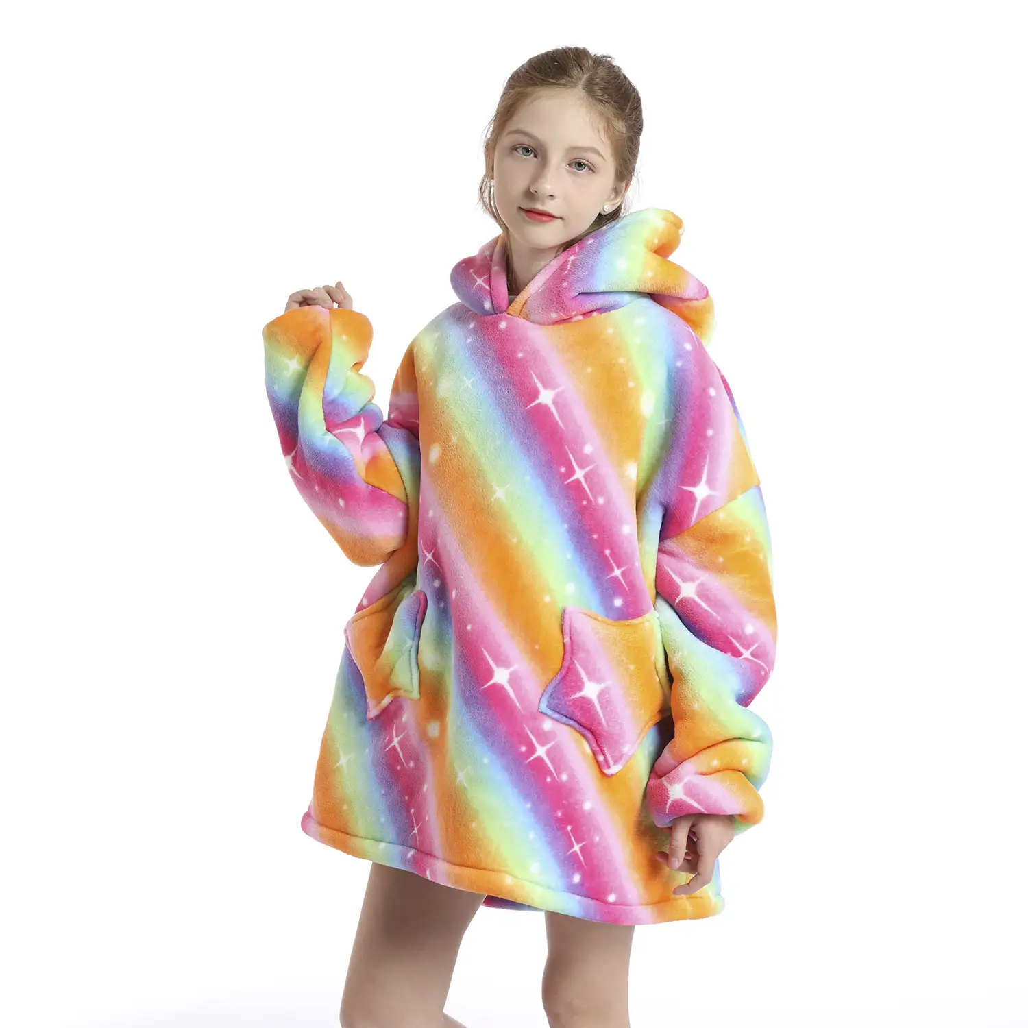 Bata infantil estilo sudadera y manta de felpa extrasuave. Bolsillos frontales. Diseño Arcoiris