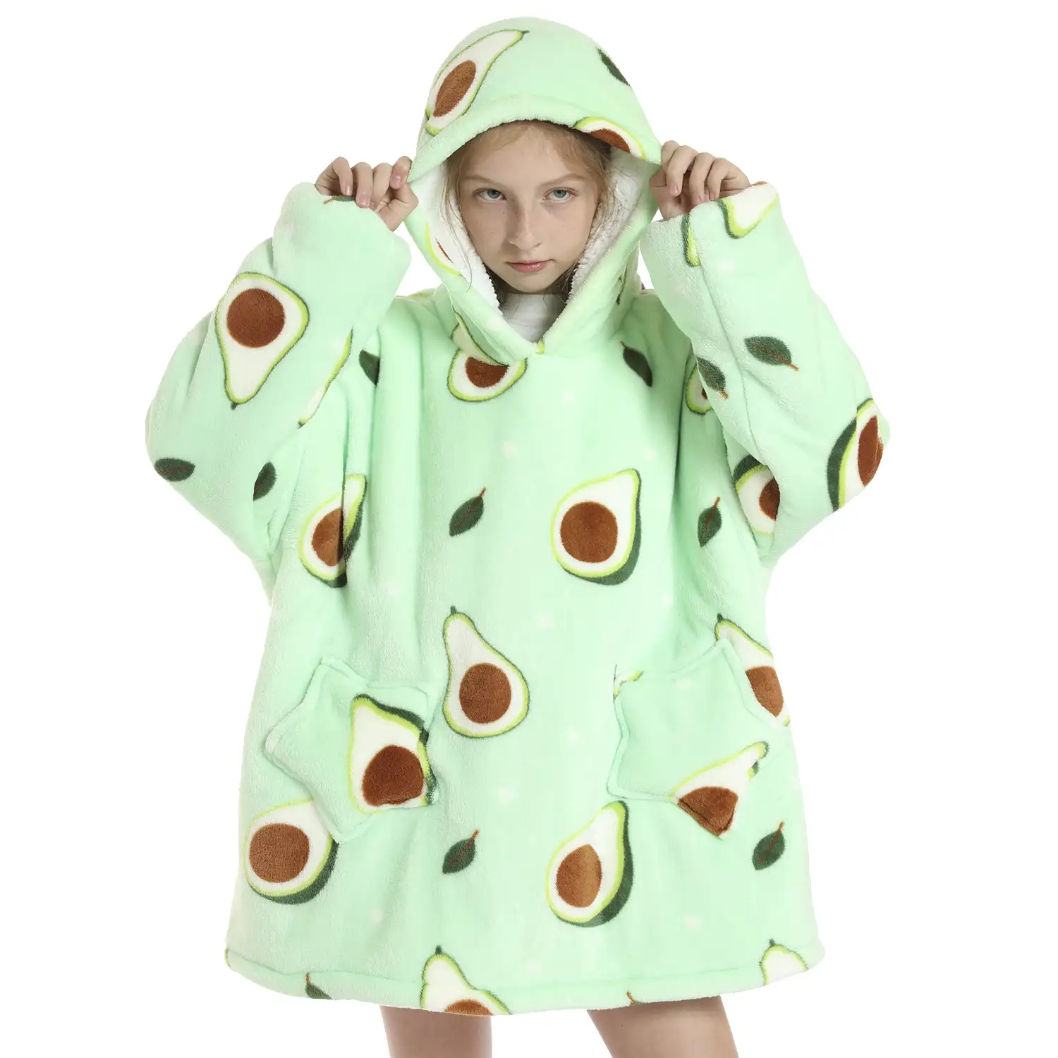 Bata infantil estilo sudadera y manta de felpa extrasuave. Bolsillos frontales. Diseño Aguacates