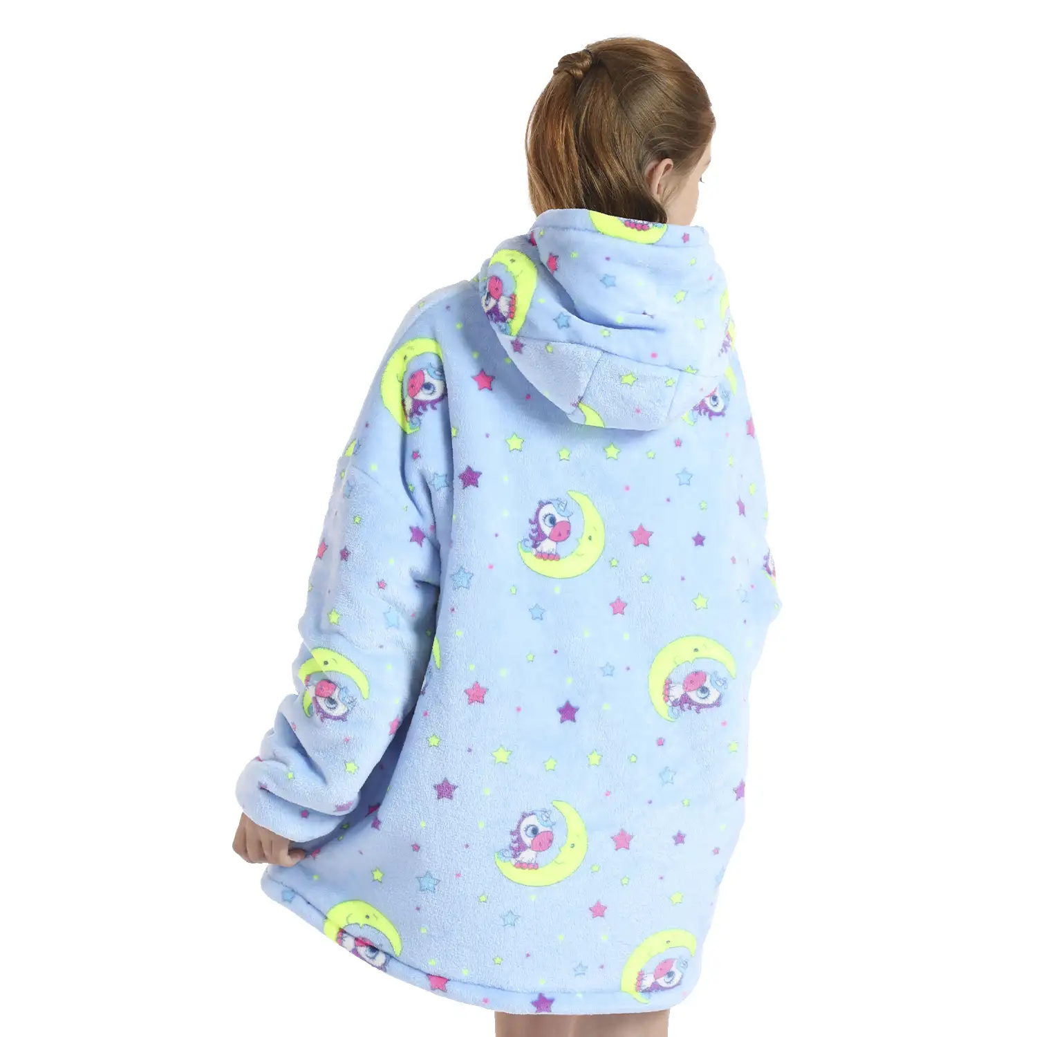 Bata infantil estilo sudadera y manta de felpa extrasuave. Bolsillos frontales. Diseño Unicornio y luna