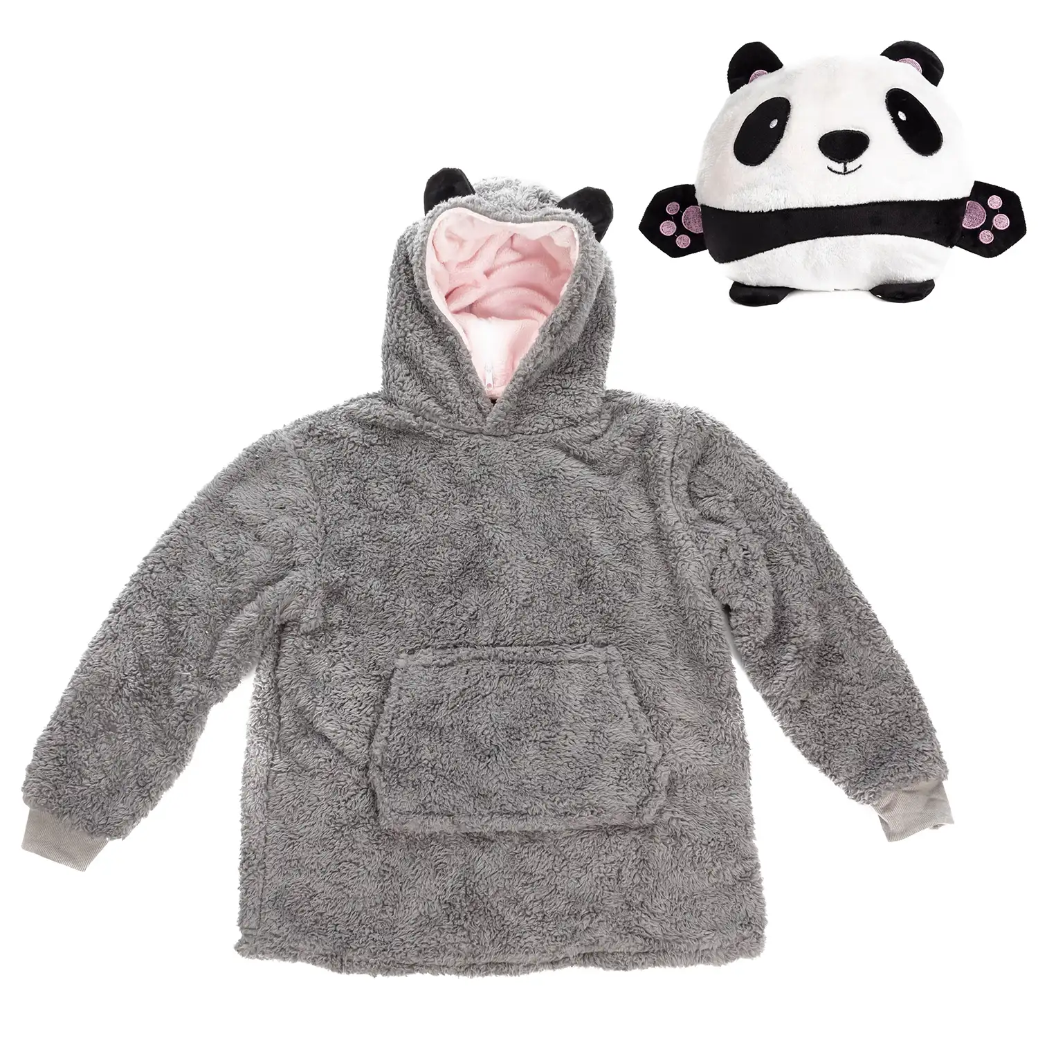 Peluche convertible en sudadera de felpa extrasuave, 60x47cm. Bolsillo frontal tipo canguro. Diseño Oso Panda