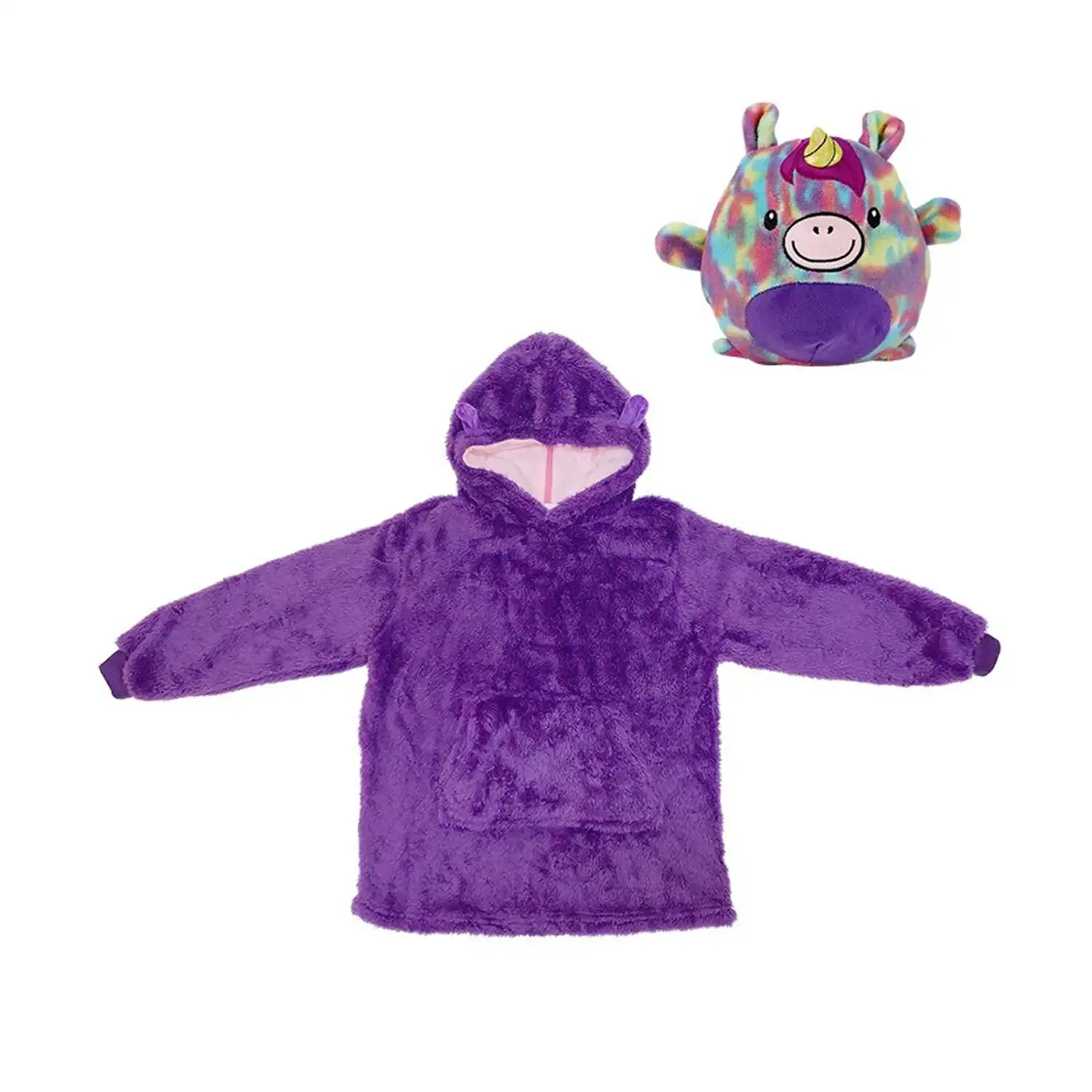 Peluche convertible en sudadera de felpa extrasuave, 60x47cm. Bolsillo frontal tipo canguro. Diseño Unicornio