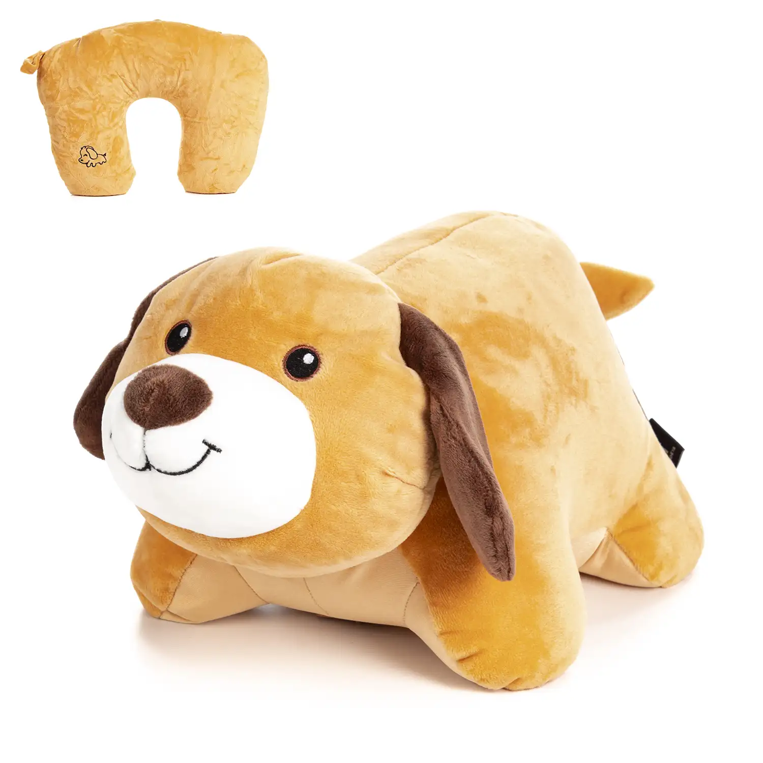 Perrito de peluche convertible en almohada de viaje cojín cervical, 2 en 1.