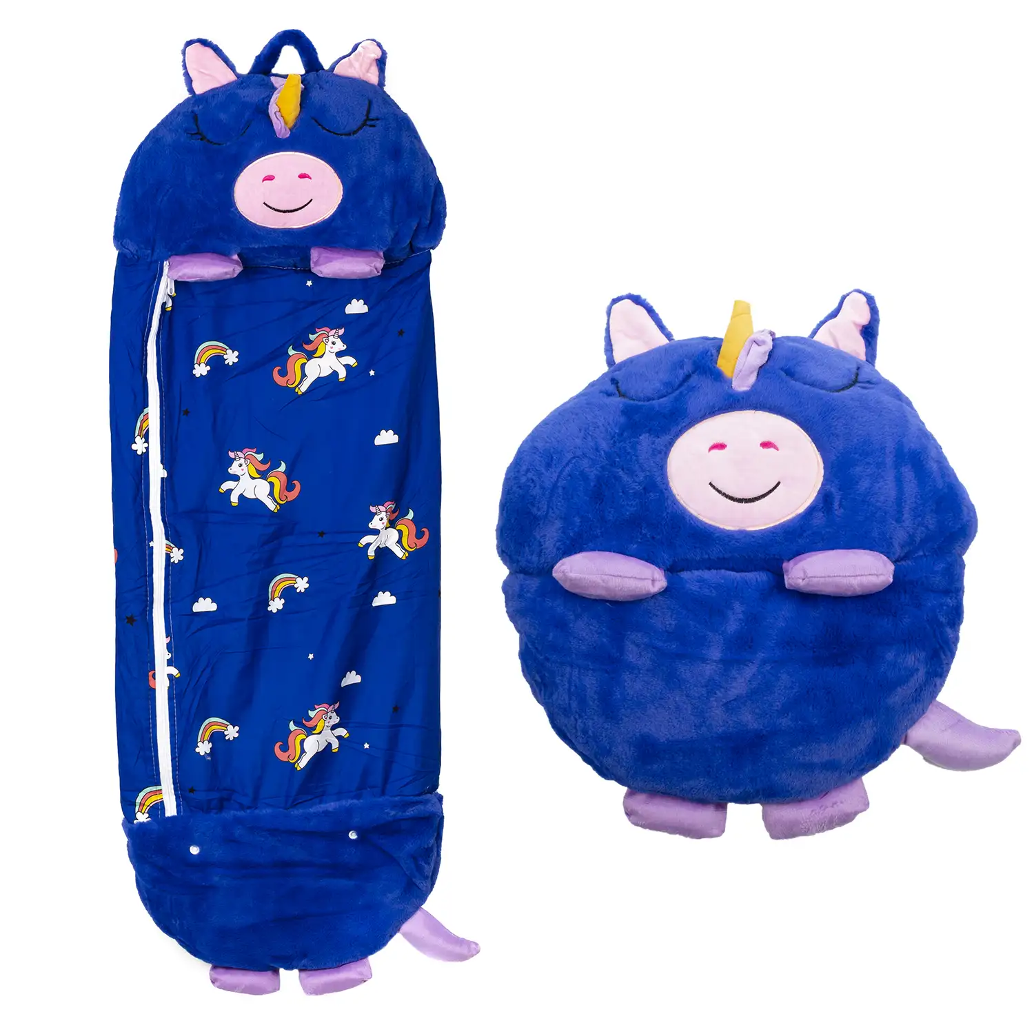 Saco de dormir convertible en almohada, para niños, Cerdicornio Azul Eléctrico. Tacto peluche. Pequeño / S: 128x45cm.